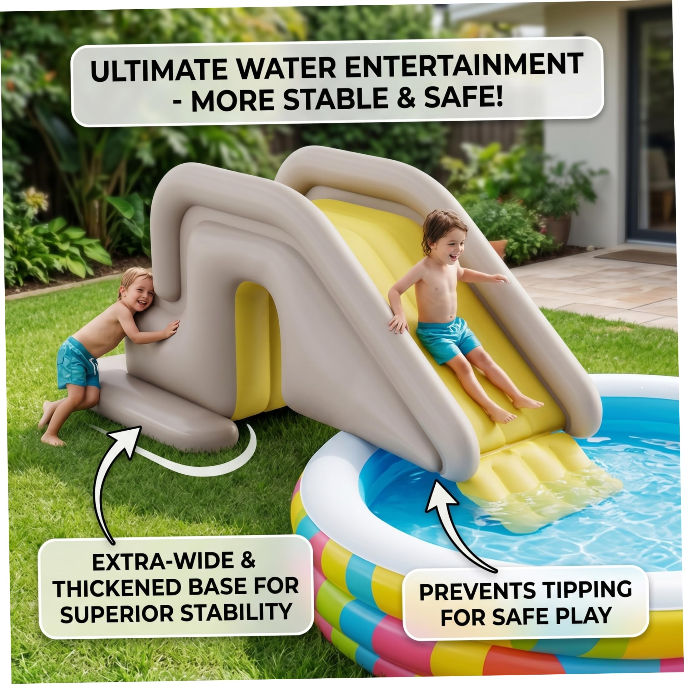 Toboggan de piscine gonflable, toboggan de piscine, ponton gonflable avec large base d'eau – Installation facile en PVC intérieur/extérieur pour enfants et adultes (kaki, comprend une pompe à pied)