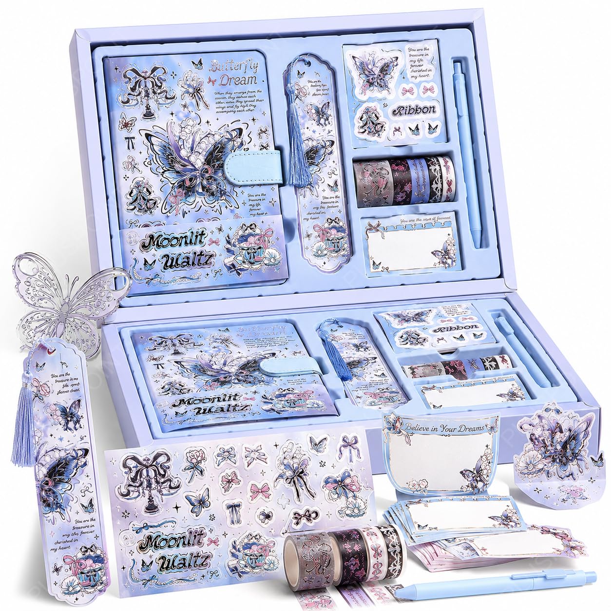 PLUSPOINT Butterfly Aesthetic Scrapbook Kit for Girls – A5 Lock Diary with Stickers, Washi Tape, Memo Pads & Pen, Kawaii Journal Stationery Gift Set for DIY Scrapbooking-image-27