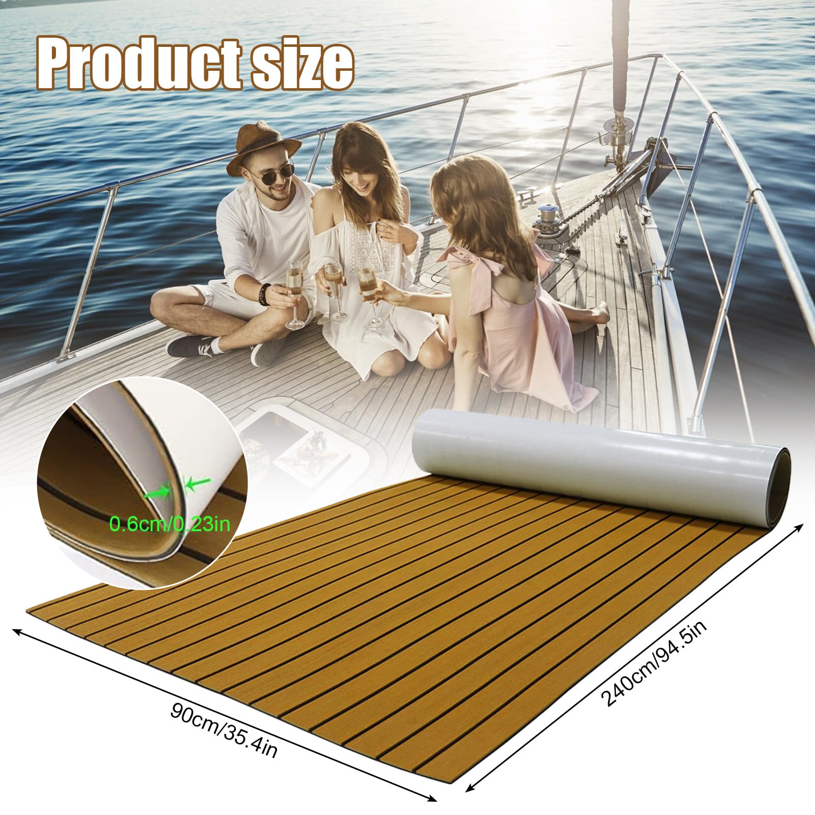 Boot Bodenbelag Selbstklebend, Teakholz Eva Schaum Bodenbelag, DIY Bodenbelag Selbstklebend, Rutschfester Teppich Matte für Yachten, Motorboote, Surfbretter, Schwimmbäder, 240 x 90 cm