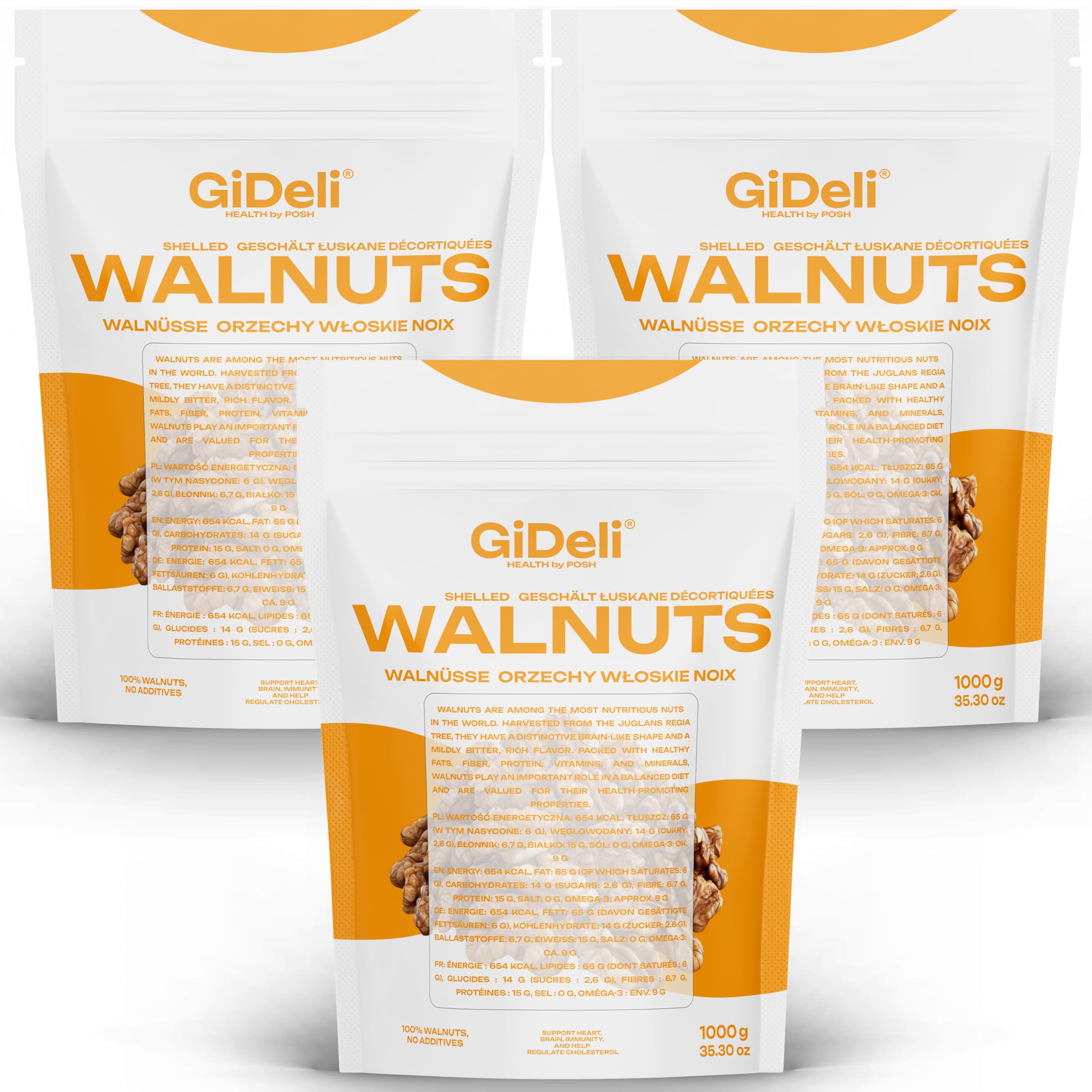 GiDeli walnüsse 3 x 1kg Walnusskerne ungesalzen ohne Schale reich an Omega-3 ideal als gesunde Zwischenmahlzeit