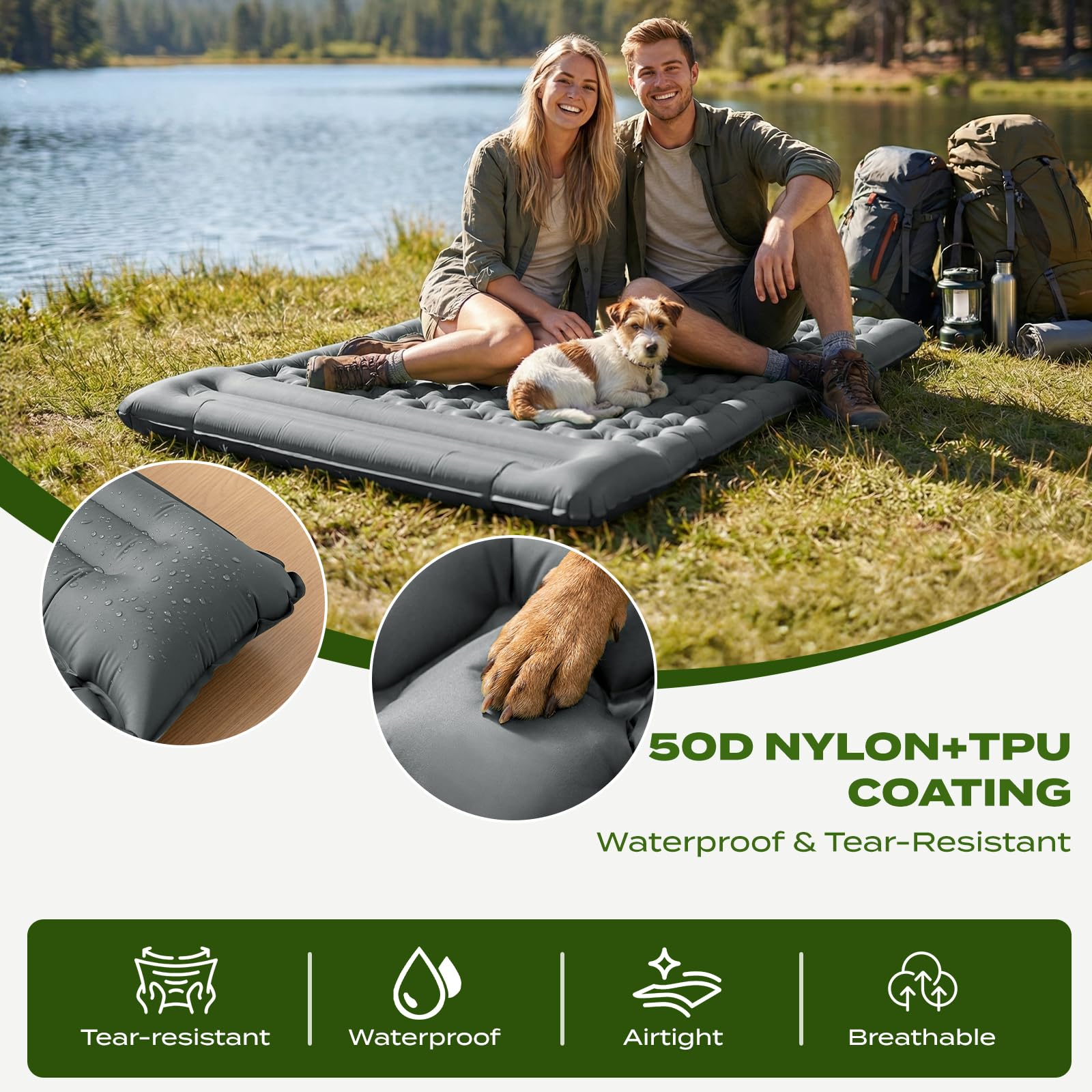 Colchoneta de Gran Tamaño, Colchón Hinchable de Camping con Almohada, Esterilla Autoinflable XXL, Gris 196 x 135 x 12 cm