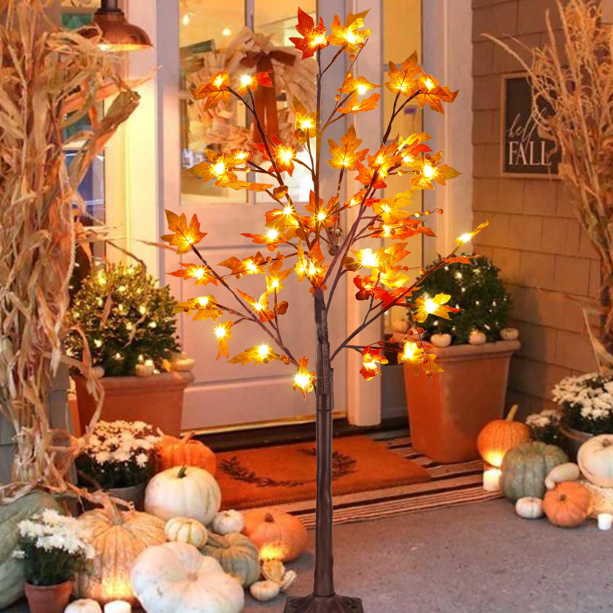 Árbol De Luces LED De Otoño Con Hojas De Arce - 60 Cm, 24 LED, USB - Decoración Interior Acción De Gracias Navidad