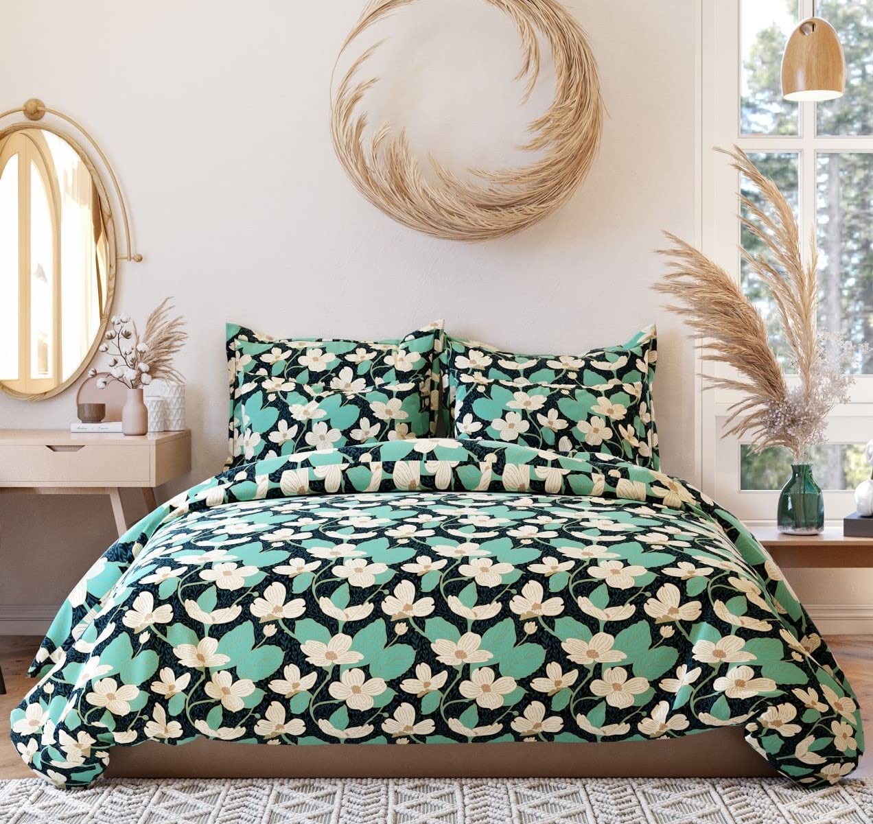 THE HOME STYLE Cotton Elastic Fitted All Around Printed Queen Size Double Bed Bedsheet Wih 2 Pillow Cover (60"X78", Lily Green), 400 TC
