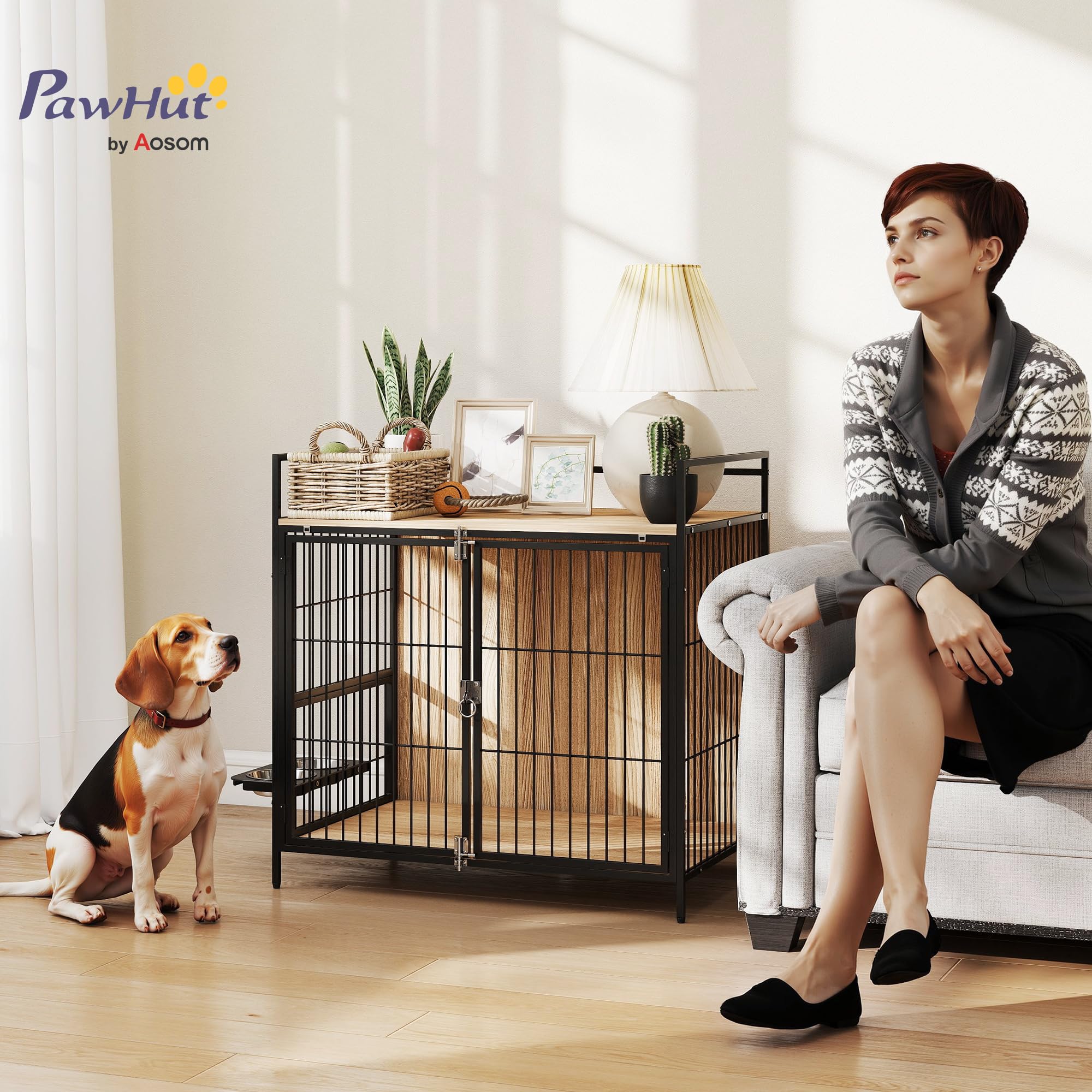 PawHut Jaula para Perros Mesa Auxiliar Moderna Casa para Mascotas con Soporte Giratorio con 2 Tazones 2 Puertas y Estante de Almacenamiento Superior para Perros Medianos 80x56x76,5 cm Roble