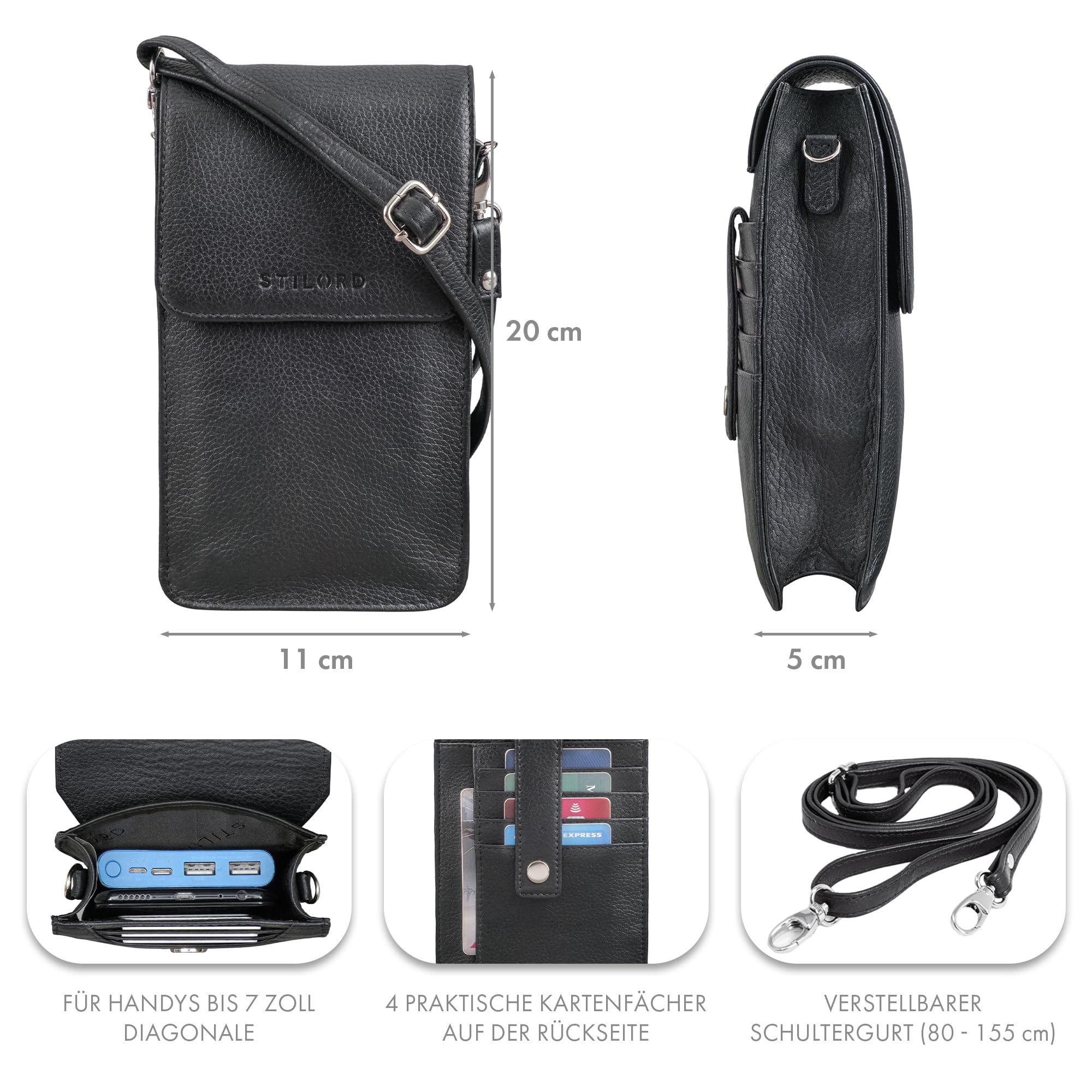 STILORD Imola Echtleder Handytasche 7 Zoll Damen Herren Vintage Umhängetasche Leder Crossbody Bag schwarz