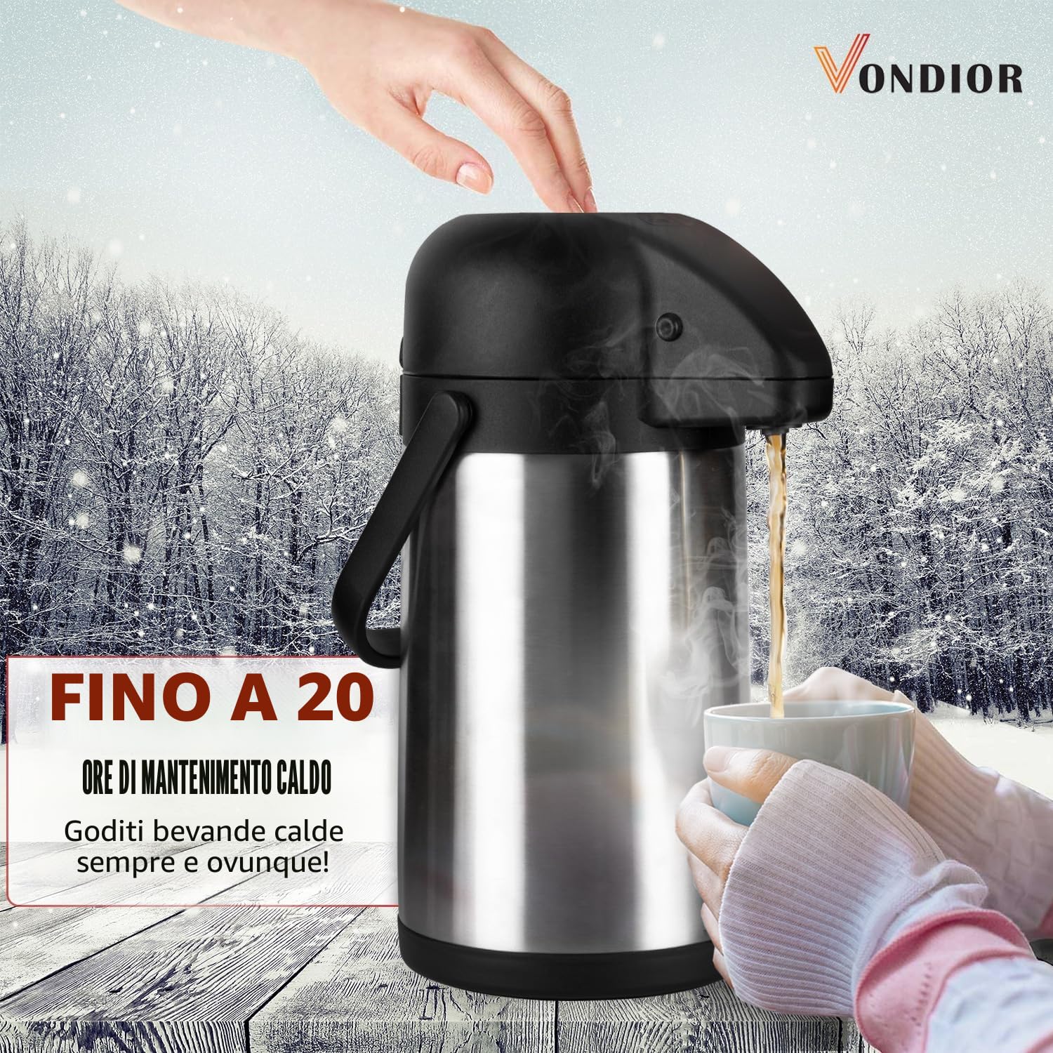 Vondior Caraffa Termica per Caffè 1,9 L, Caffettiera con Pompa Isolata in Acciaio Inossidabile, Teiera Sottovuoto per Acqua Calda/Fredda, Bevande al Cioccolato per Feste