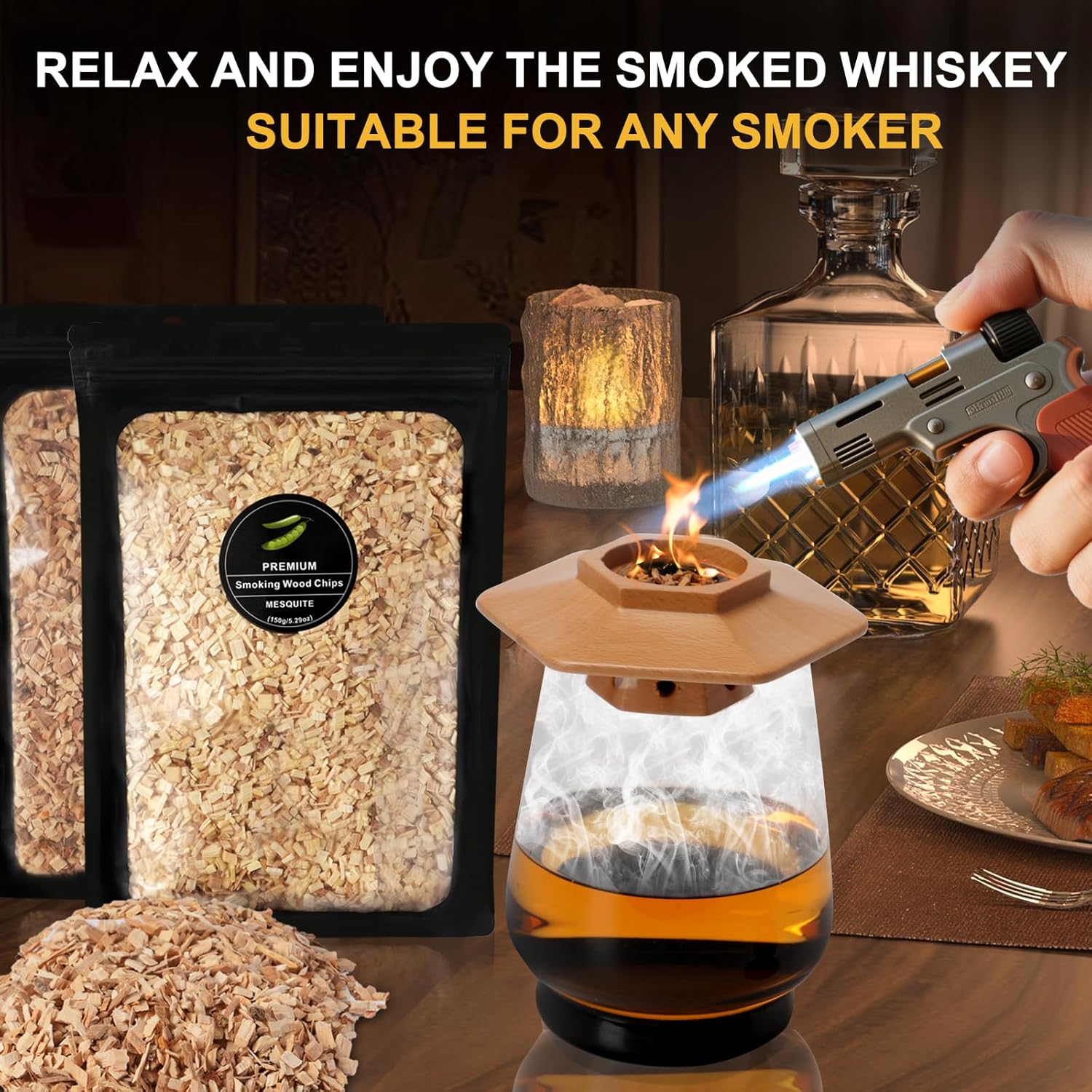 Smoking Wood Chips with 6 Flavors,Wood Chips for Smoker Cocktails Whiskey Smoking Gun,Including Cherry, Apple, Hickory, Pear, Mesquite, Oak,5.29oz/Bag