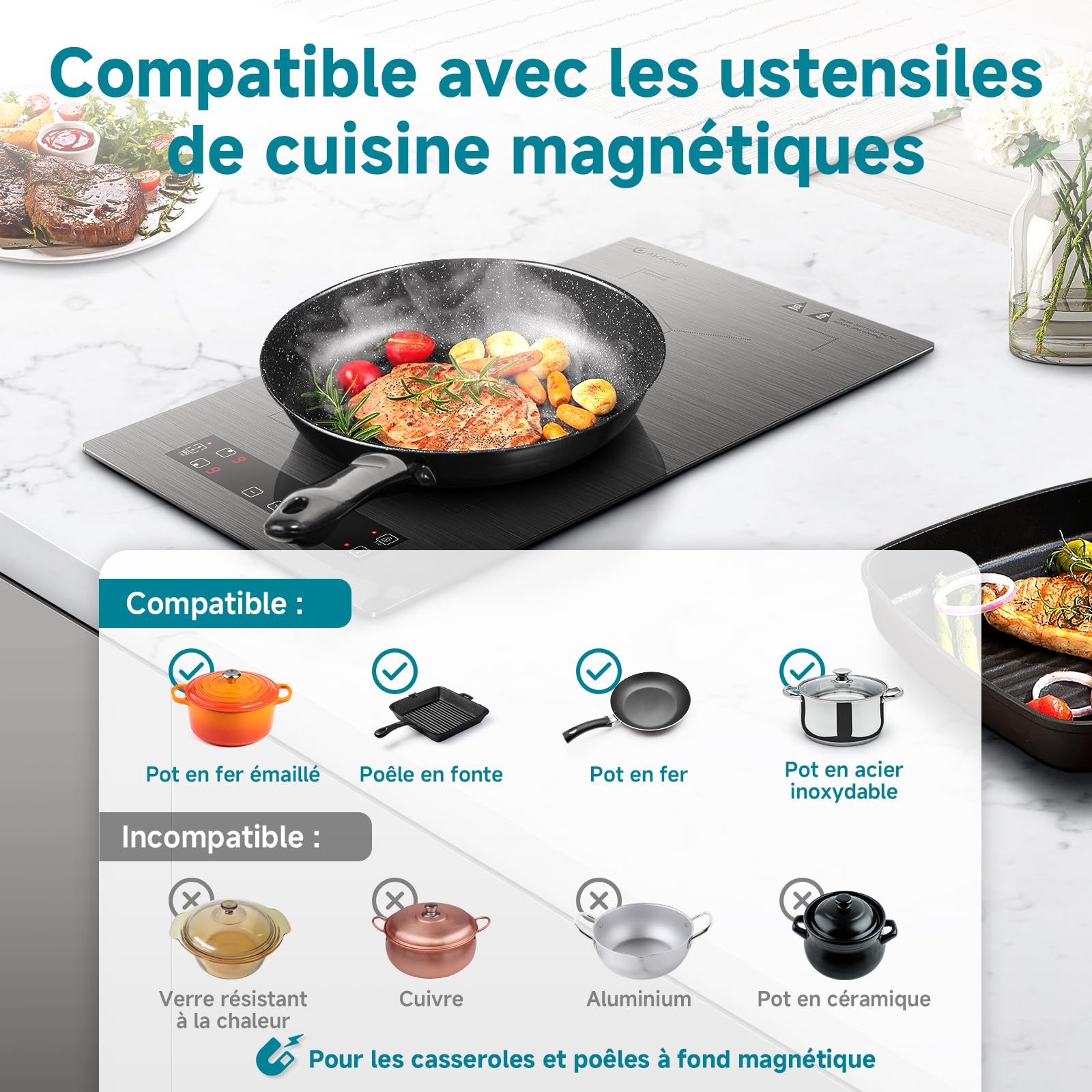 AMZCHEF Plaque à induction 2 feux 3300W avec zones flexibles, verrouillage sécurité et minuterie