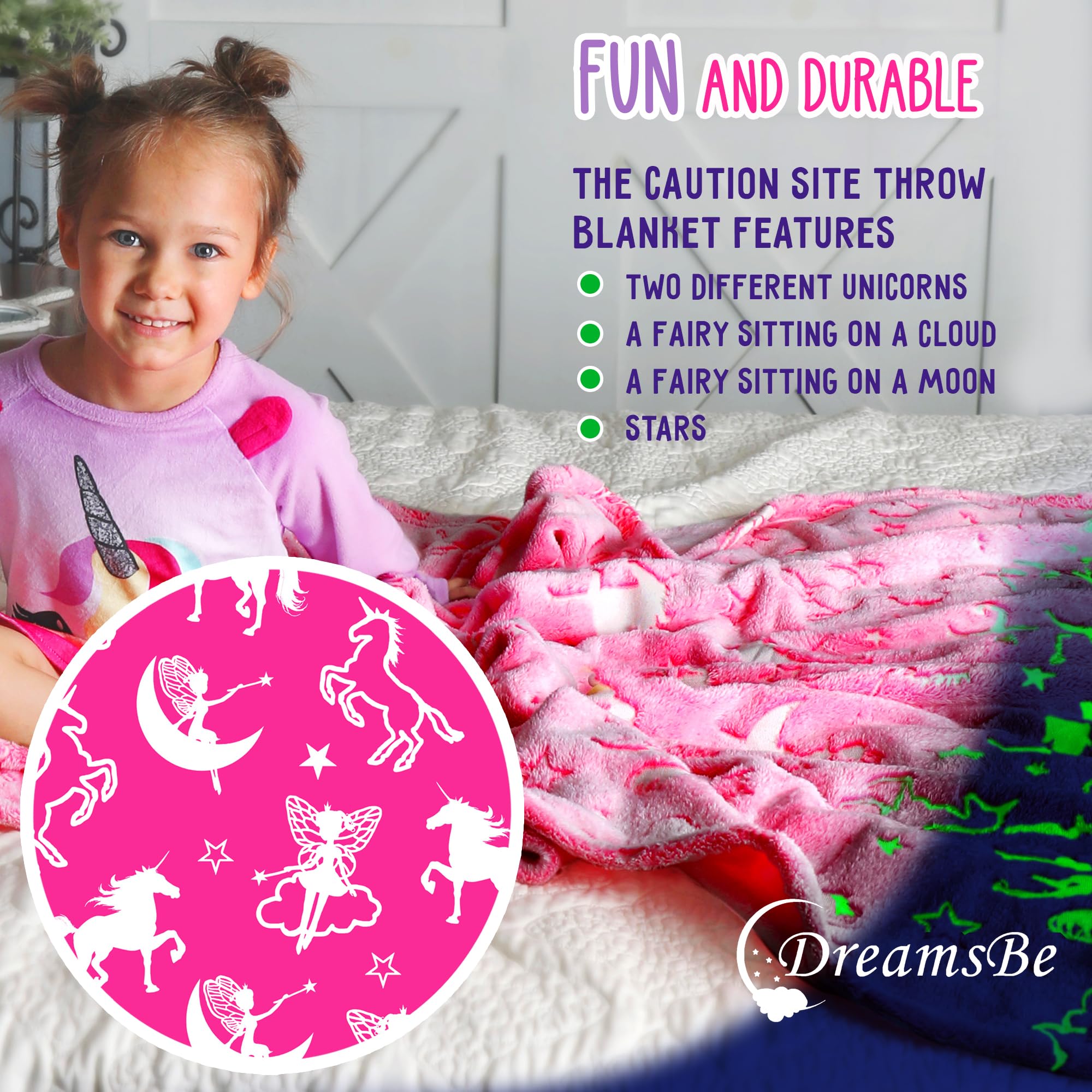 Unicorn Blanket Glow in The Dark Luminous Fairy Blanket for Kids - Soft Plush Pink Fantasy Star Blanket Throw - Large 60in x 50in Glowing Magical Blankets Gift for Girls (Pink Unicorn and Fairy) 2