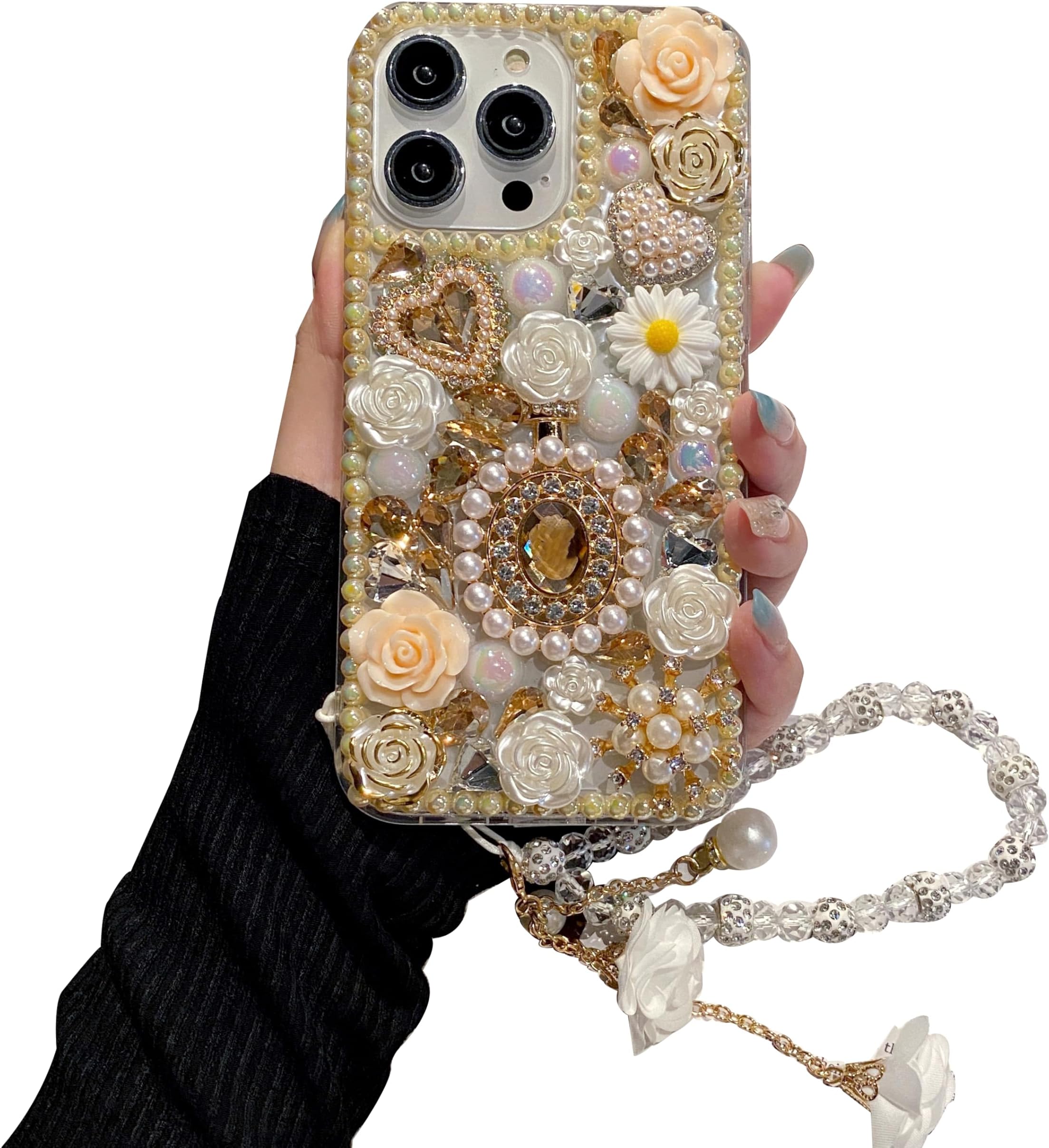 iFiLOVE for iPhone 15 Pro Max Bling Diamond Case with Flower Strap, 3D Luxury Sparkle Glitter Crystal Rhinestone Pearl Love Rose Wristband Bracelet Case Cover for Girls Women Kids (Champagne)