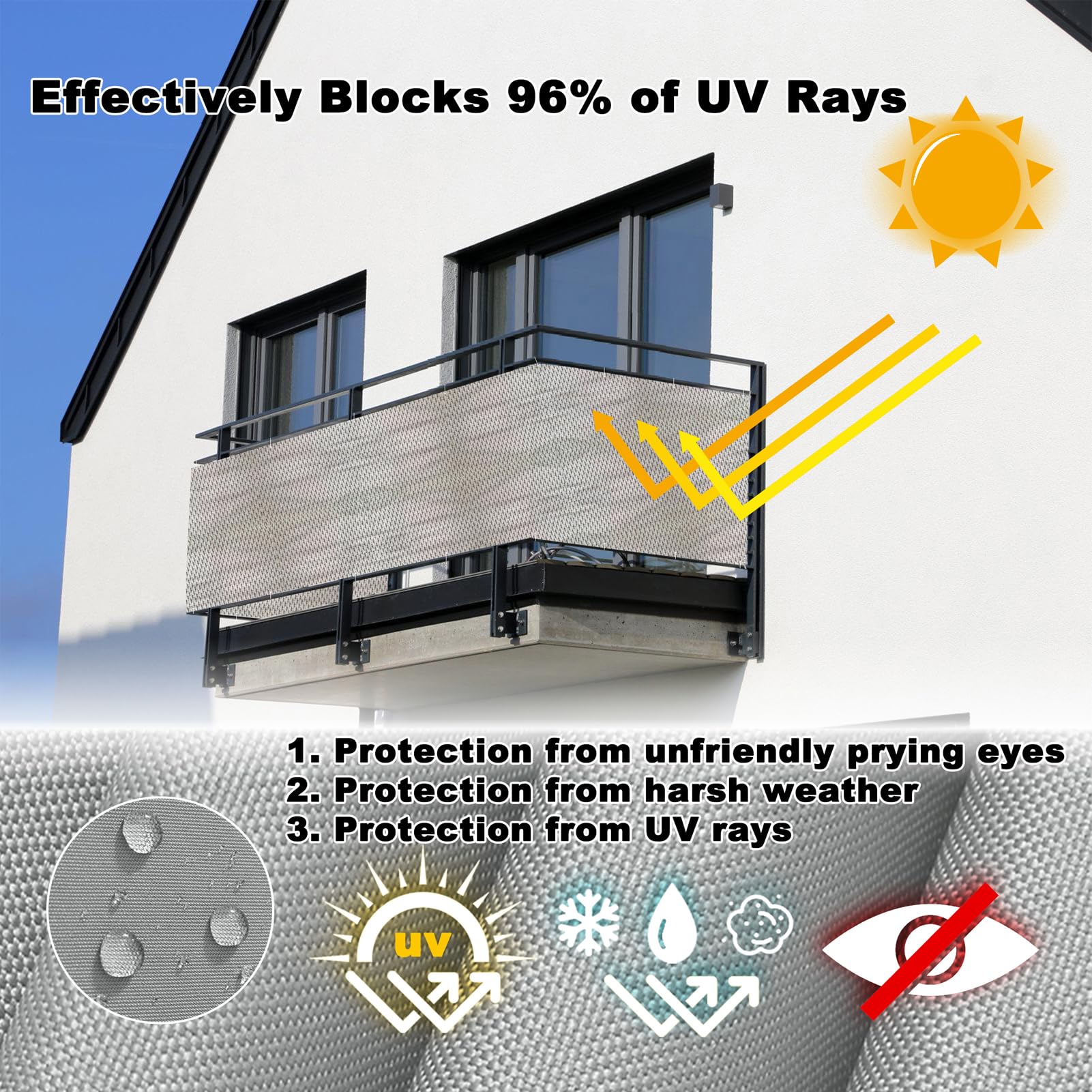 Rete frangivento stabilizzata ai raggi UV, 0,9 m x 10 m, resistente alle intemperie, resistente agli strappi, con occhielli, fascette e corda, perfetta per terrazze e terrazze