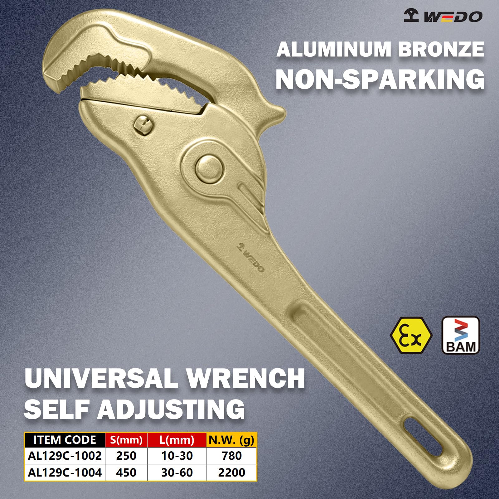 WEDO Llave universal sin chispas, llave de tubo multifuncional de seguridad sin chispas, bronce de aluminio, estándar DIN, certificado BAM y FM, 10 pulgadas, 250 mm