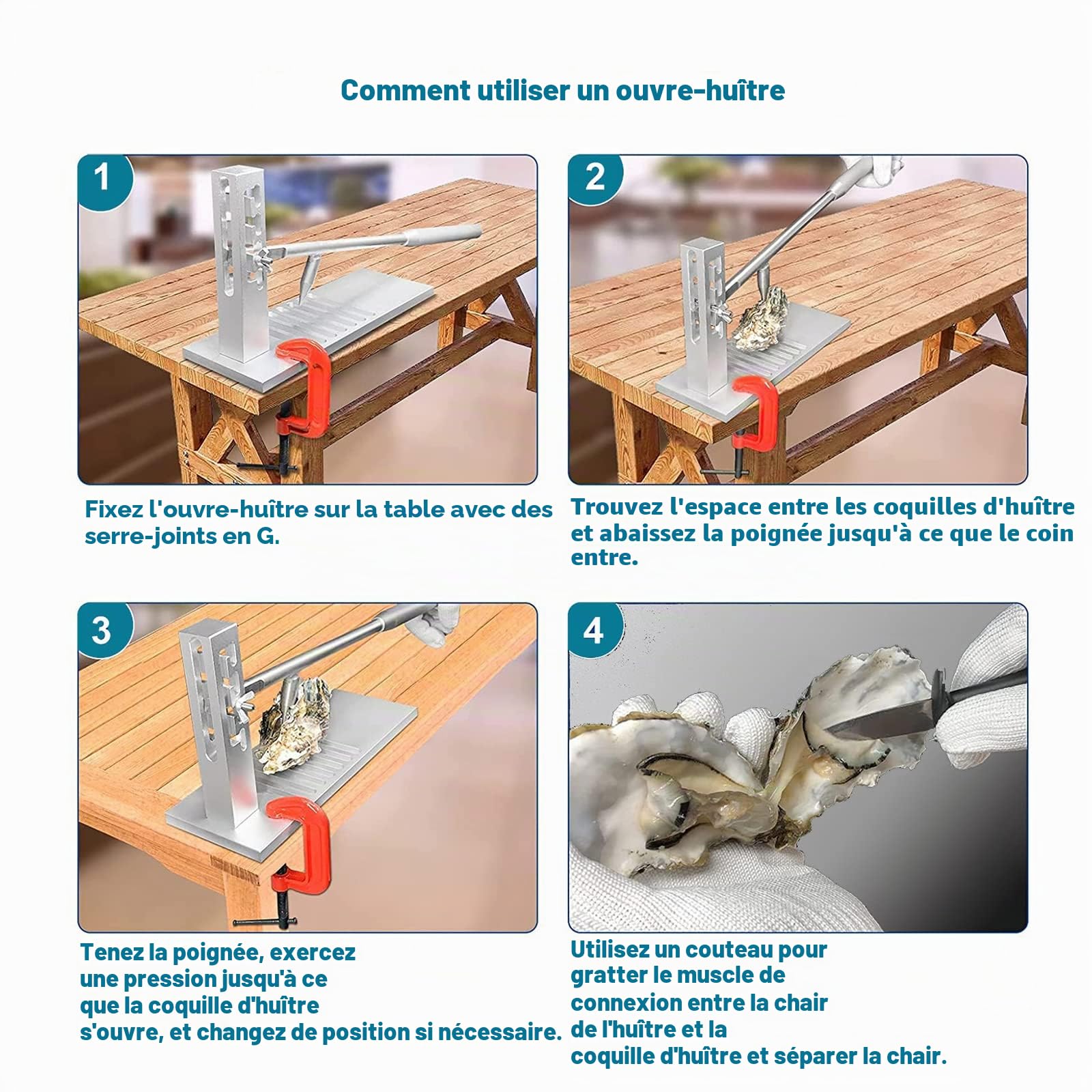 Oyster Opener Set en acier inoxydable, ouvreur d'huîtres professionnel, outil à fruits de mer pour les ménages de restaurant et les barbecues.