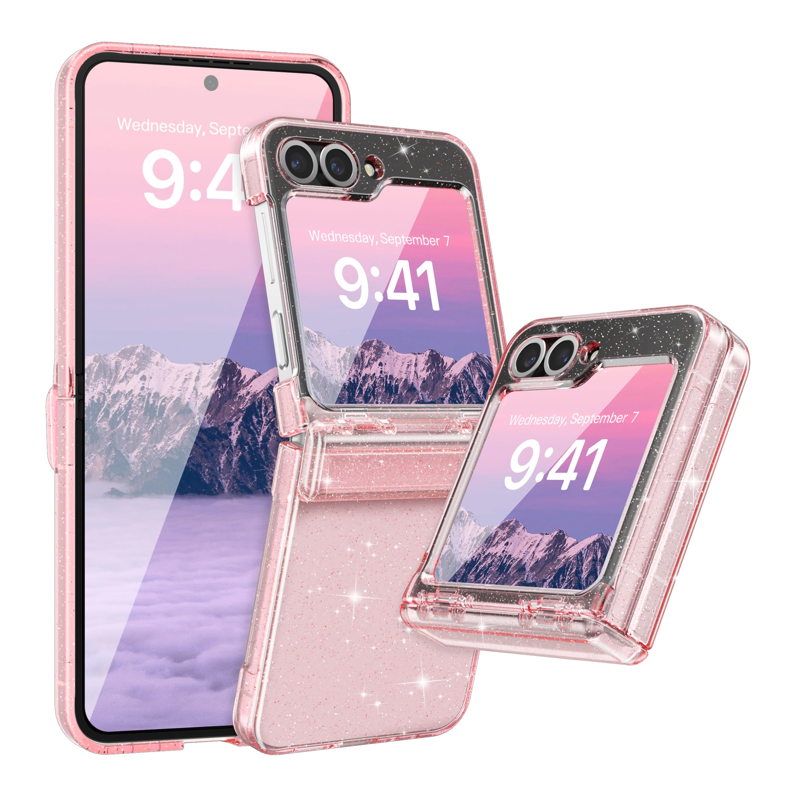 FABSPARK Case for Samsung Galaxy Z Flip 5 Built-in Screen Protector,Hinge Protection,Sparkly Bling Glitter Crystal Clear Transparent Slim Fit Acrylic Hard PC for Samsung Z Flip 5 Case,Glitter Pink
