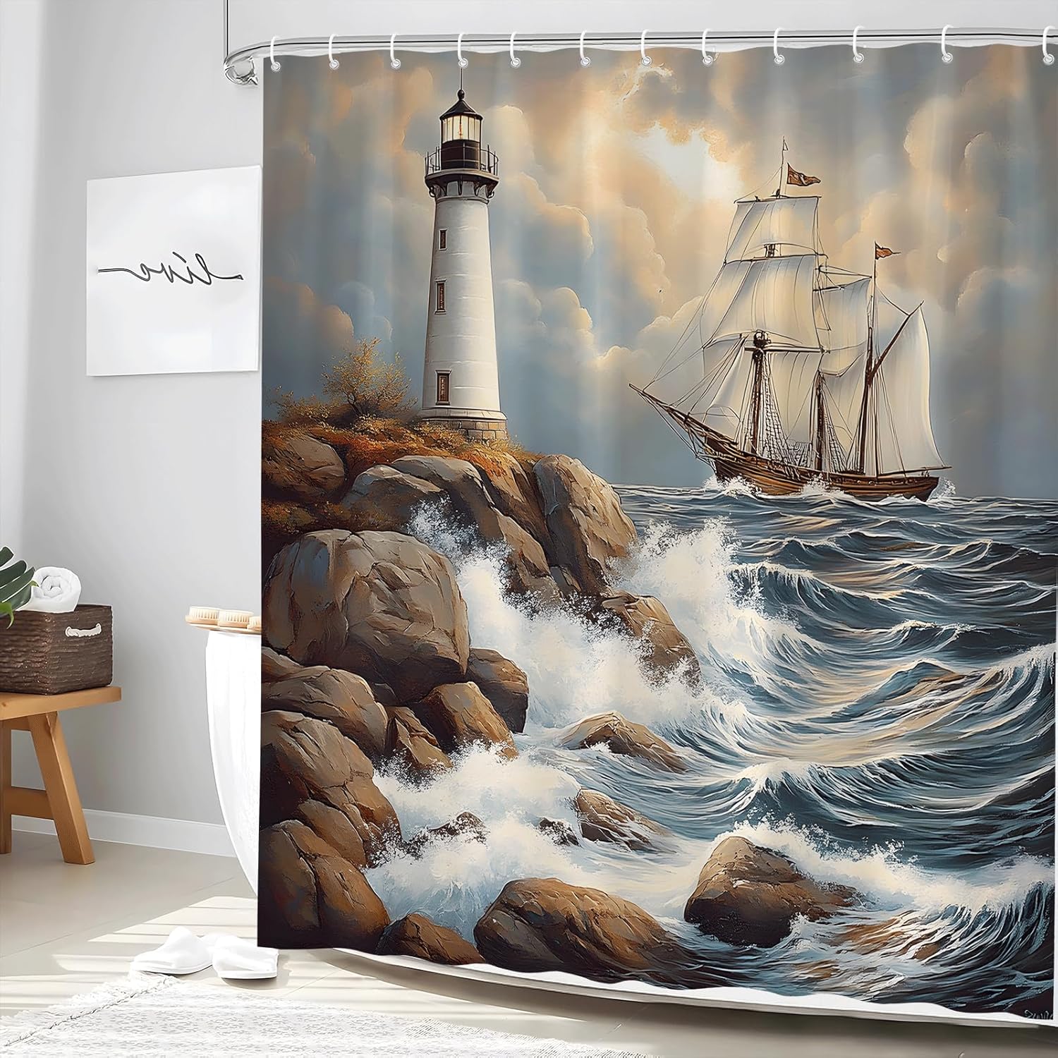 Lighthouse Shower Curtain Nautical Coastal Ocean Sailboat Sea Wave Beach Tower Cabin Sunset Natural Scenery Vintage Polyester Bathroom Curtains Set with Hooks 70Wx90H Inch