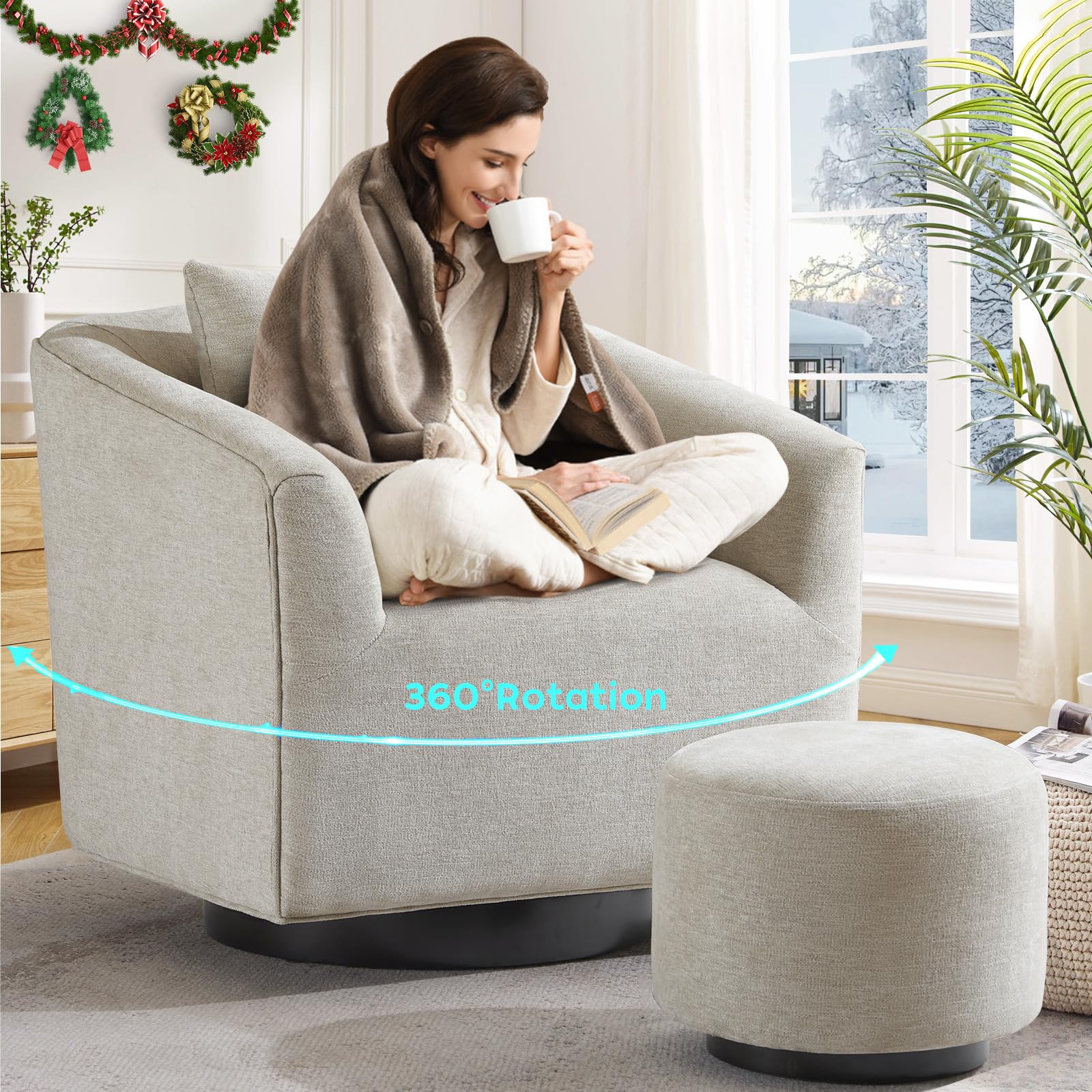Swivel Accent Chair with Ottoman, 360° Real Wood Base Frame Chenille  Accent Chairs with Ottoman, Boucle Living Room Chair, Ergonomic Armchair  Single