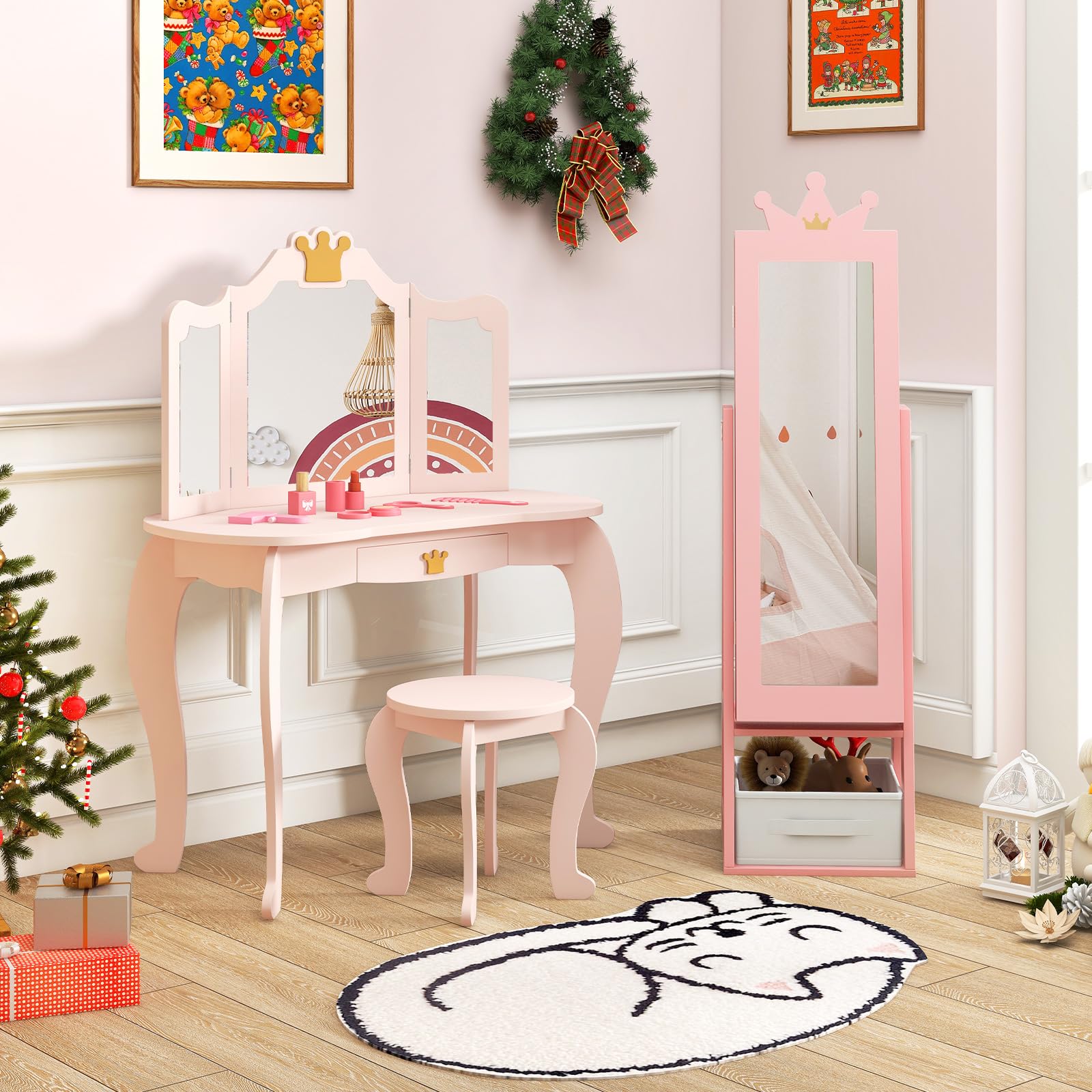COSTWAY Kinder Schmuckschrank, 3 in 1 Spiegelschrank neigbar mit Ganzkörperspiegel & Aufbewahrungskorb, Schmuck-Organizer in Kronenform für Kinder ab 3 Jahren (Rosa)