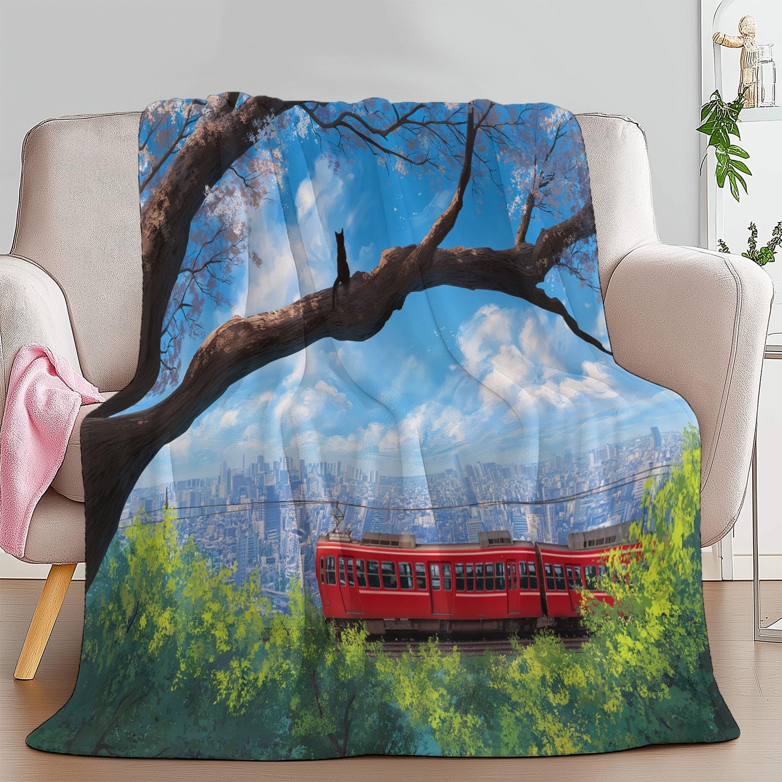 Puszysty koc flanelowy na sofę, łóżko, krzesło, miękki pejzaż miejski, kwiaty, pościel, 220 x 240 cm, dekoracyjny, ultramiękki koc dla dzieci, nastolatków, dorosłych, 220 x 240 cm