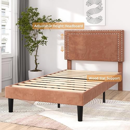 Miniatura 144 de VECELO Base de cama de tamaño matrimonial con cabecera tapizada ajustable, plataforma de listones de madera, diseño sin ruido, fácil montaje Negro