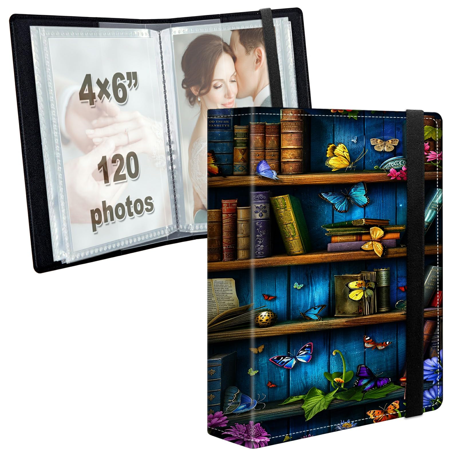 Photo Album 4x6 120 Photos with Strong Elastic Band, Enchanted Bookshelf