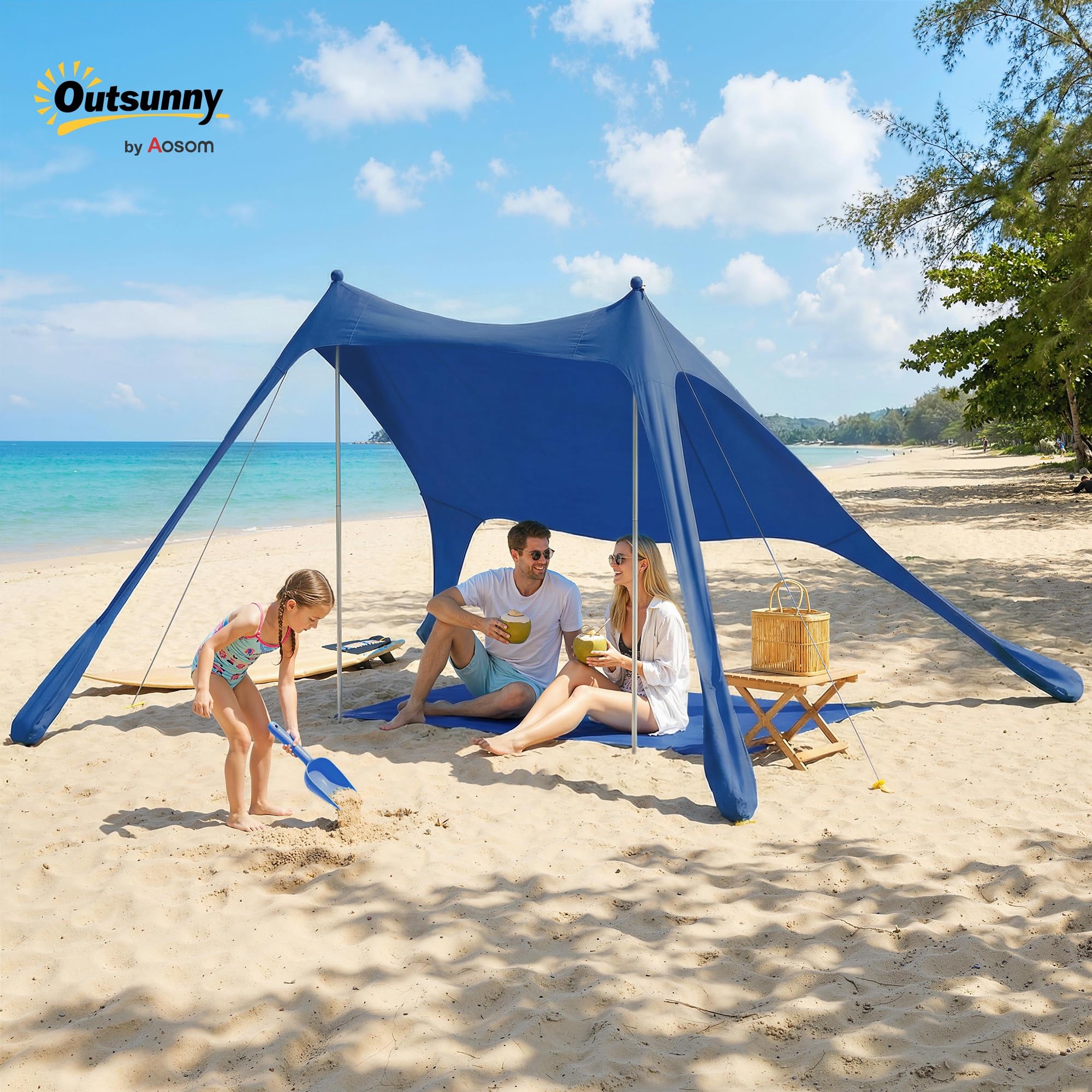 Outsunny Tenda da Spiaggia per 2-4 Persone, Tenda Mare con Tappetino e Pala, Protezione Solare UPF50+, Pali in Alluminio e Picchetti, Resistente al Vento, 200x208x200 cm