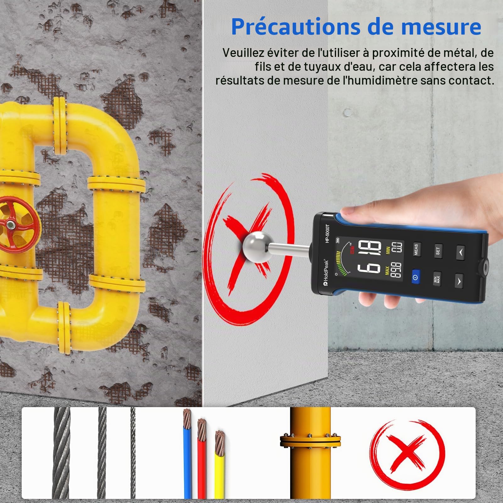 Testeur Humidité, H HOLDPEAK Humidimetre avec Ecran LCD Couleur et Fonction d'alarme, Pour Murs, Bois, Maçonnerie, Béton, Gypse, Matériaux de Construction, 20-40 mm de Profondeur D'analyse