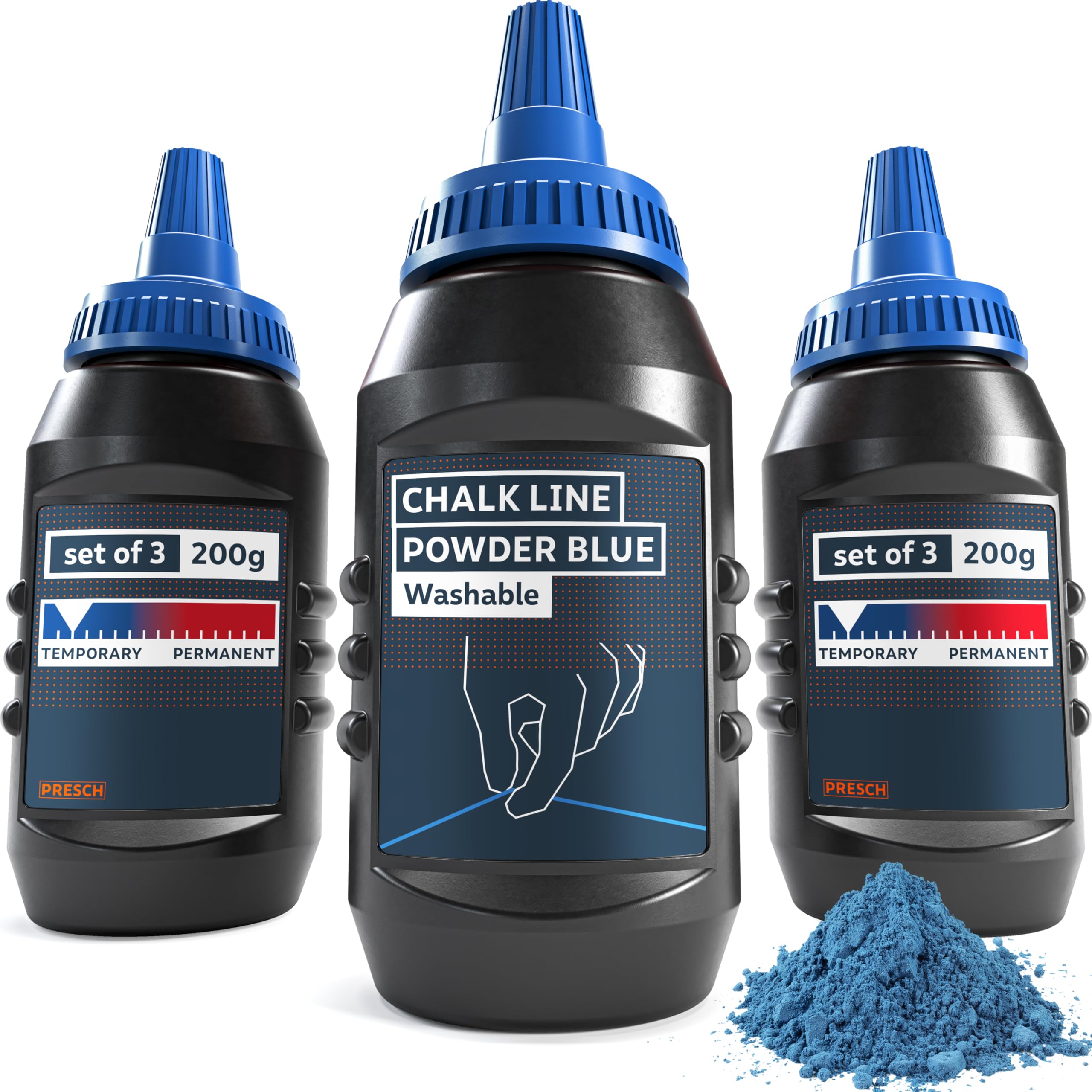 PRESCH Chalk Line Powder Blue, 3x 200g chalk powder, Clear, visible lines thanks to intense blue colour