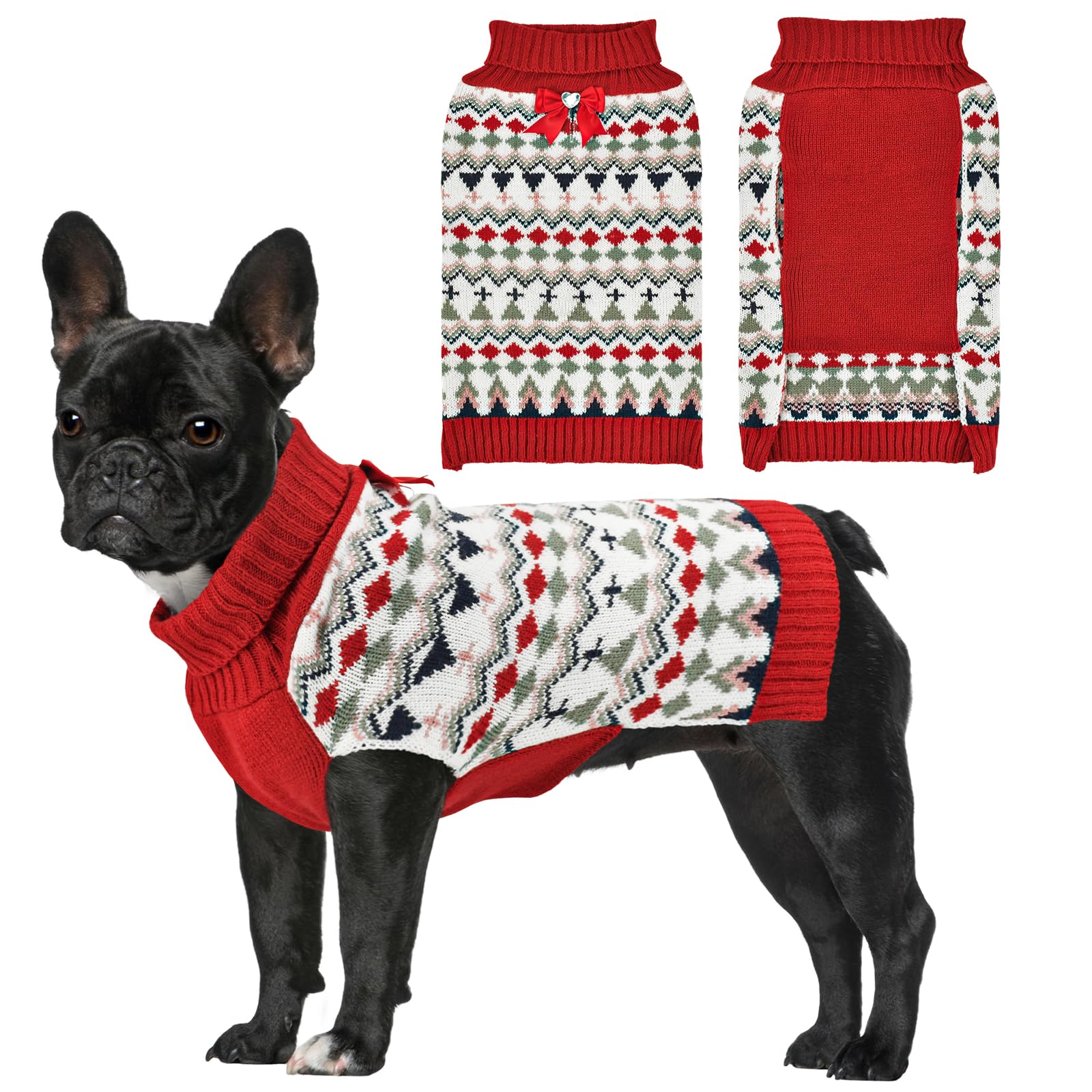 LyssKMK Dog Argyle Christmas Sweater Puppy Turtleneck Knitwear with Red Bow Outfits Cold Weather Warm Clothes Sweater for Small Dog S