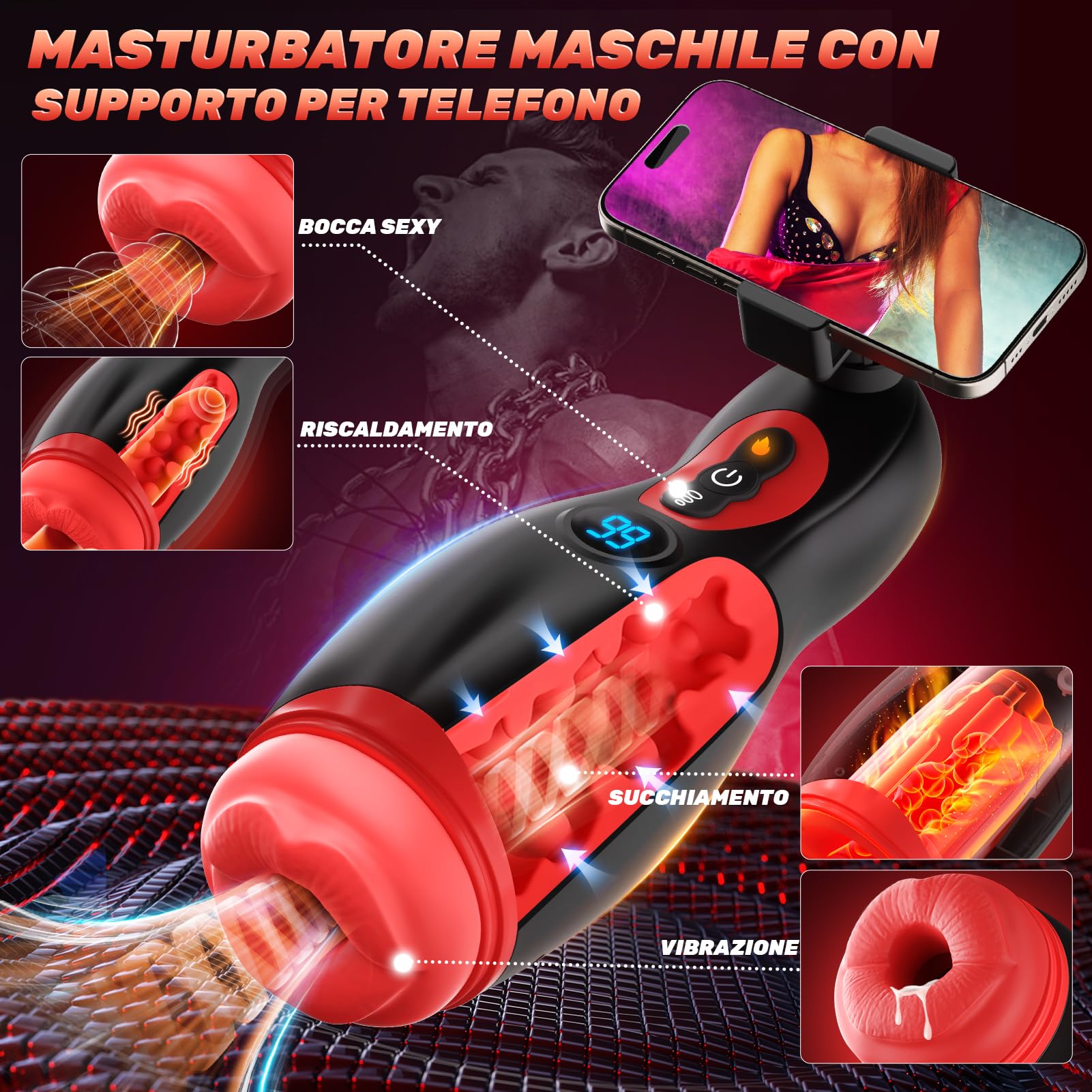 Giocattoli erotici per uomini: masturbatore sexy con supporto per cellulare, masturbatore riscaldabile con funzione di vibrazione, giocattolo erotico con 9 modalità di suzione e vibrazione