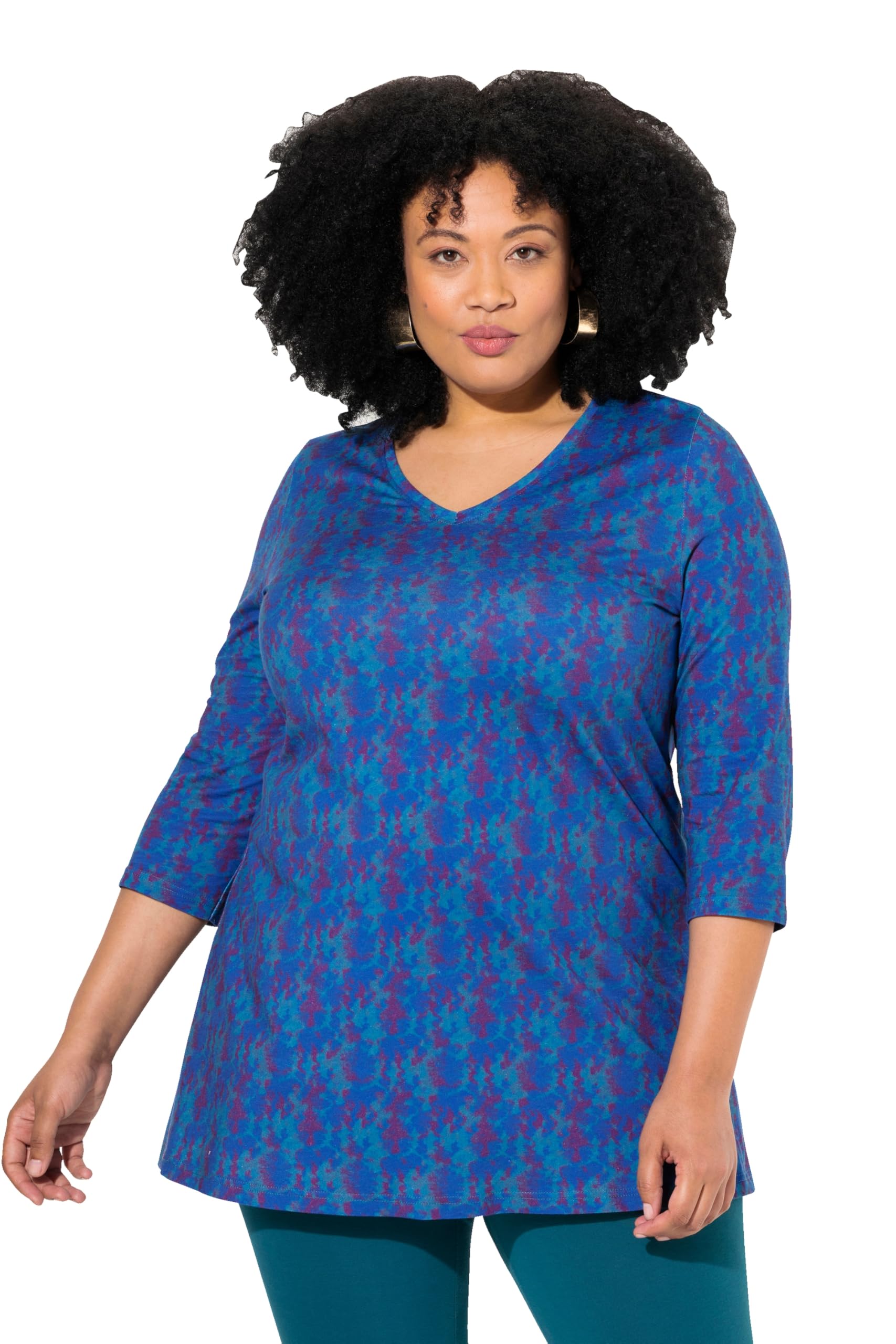Ulla Popken Damen große Größen Übergrößen Plus Size Longshirt, Batikmuster, A-Linie, V-Ausschnitt, 3/4-Arm 832888