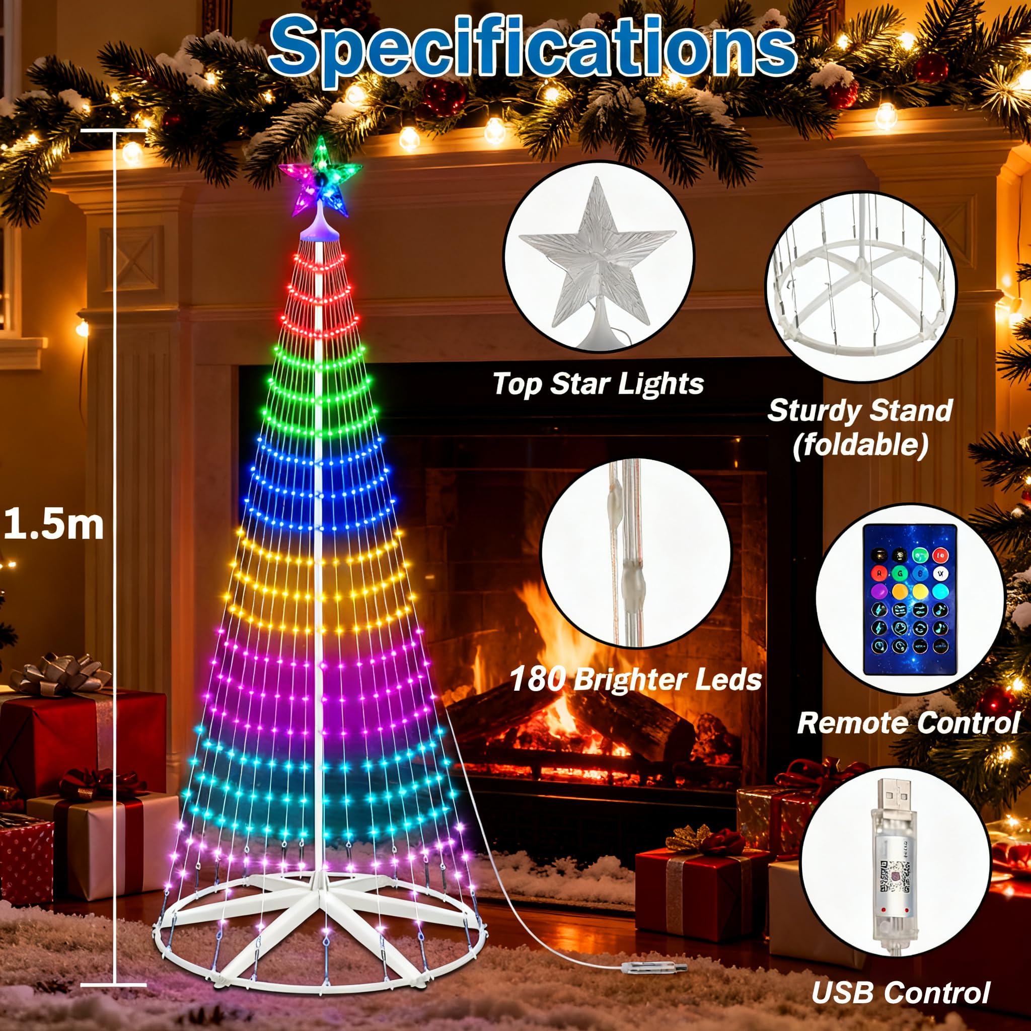 Hoofun Catena luminosa intelligente a LED per albero di Natale: 150 cm, illuminazione natalizia con stelle, app e telecomando, spina USB, RGB dimmerabile, modalità fai da te, timer, decorazione