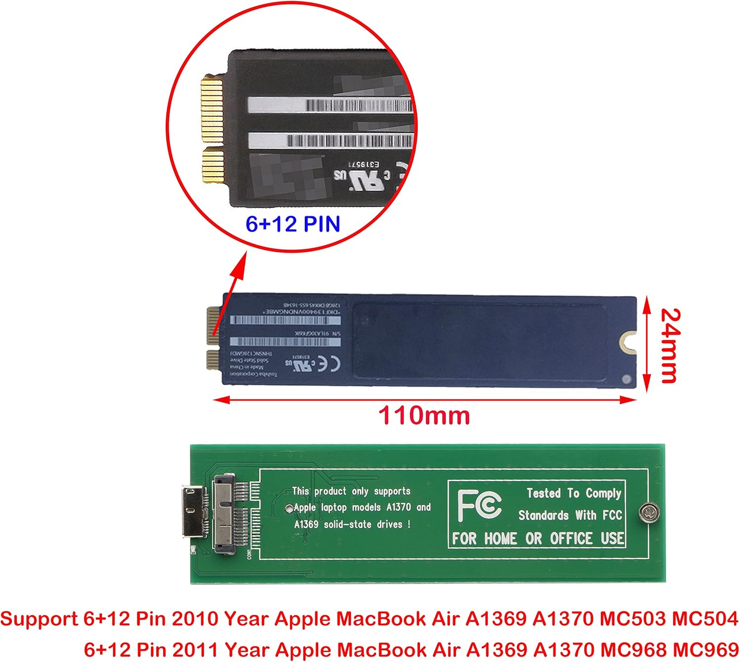 SSD to USB3.0 Hard Disk Enclosure External Case 6+12 Pin for 2010 Apple MacBook Air A1370 A1369
