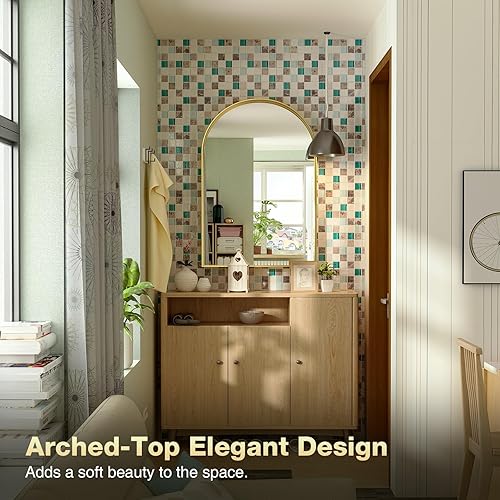 Miniatura 5 de Brightify Espejo arqueado, espejo de pared arqueado, espejo de arco dorado de 24 x 40 pulgadas, espejo de baño dorado con marco de metal, espejo de