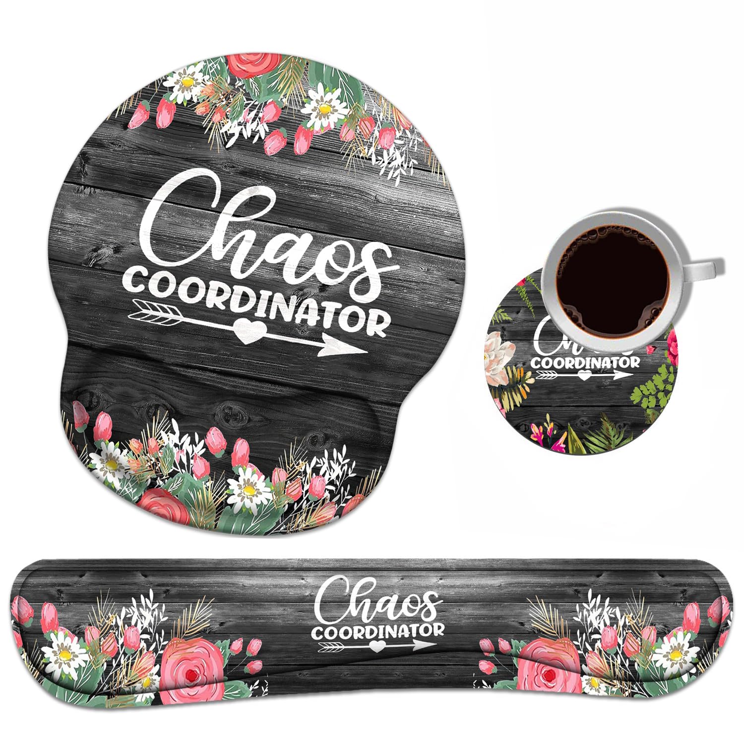 Keyboard Wrist Rest + Mouse Pad Wrist Support Set with Coasters, Chaos Coordinator Quotes Colored Floral Wreath Print Wrist Mouse Pad with Non-Slip PU