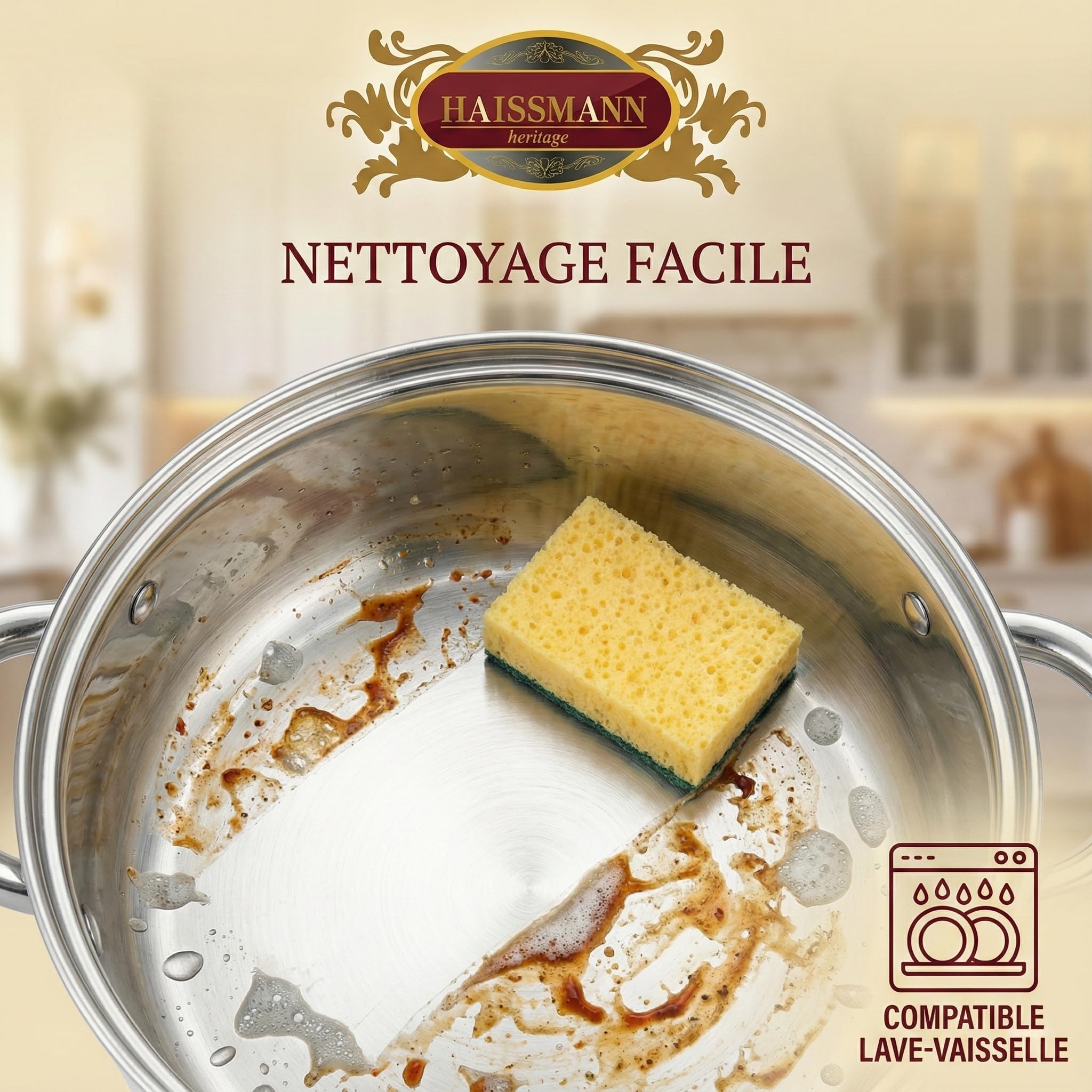 HAUSSMANN HERITAGE - Couscoussier Inox 14L (Ø 26cm) - Faitout 3 Pièces avec Panier Vapeur et Semoule - Triple Fond Induction et Lave-Vaisselle - Sans PFOA - Couvercle en Verre