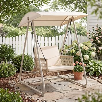 Patio Swing with Adjustable Canopy, Single Seat Khaki | Heavy-duty triangular steel stand frame,Weather-resistant materials for outdoor use, backyard, porch, patio, garden, and lawn