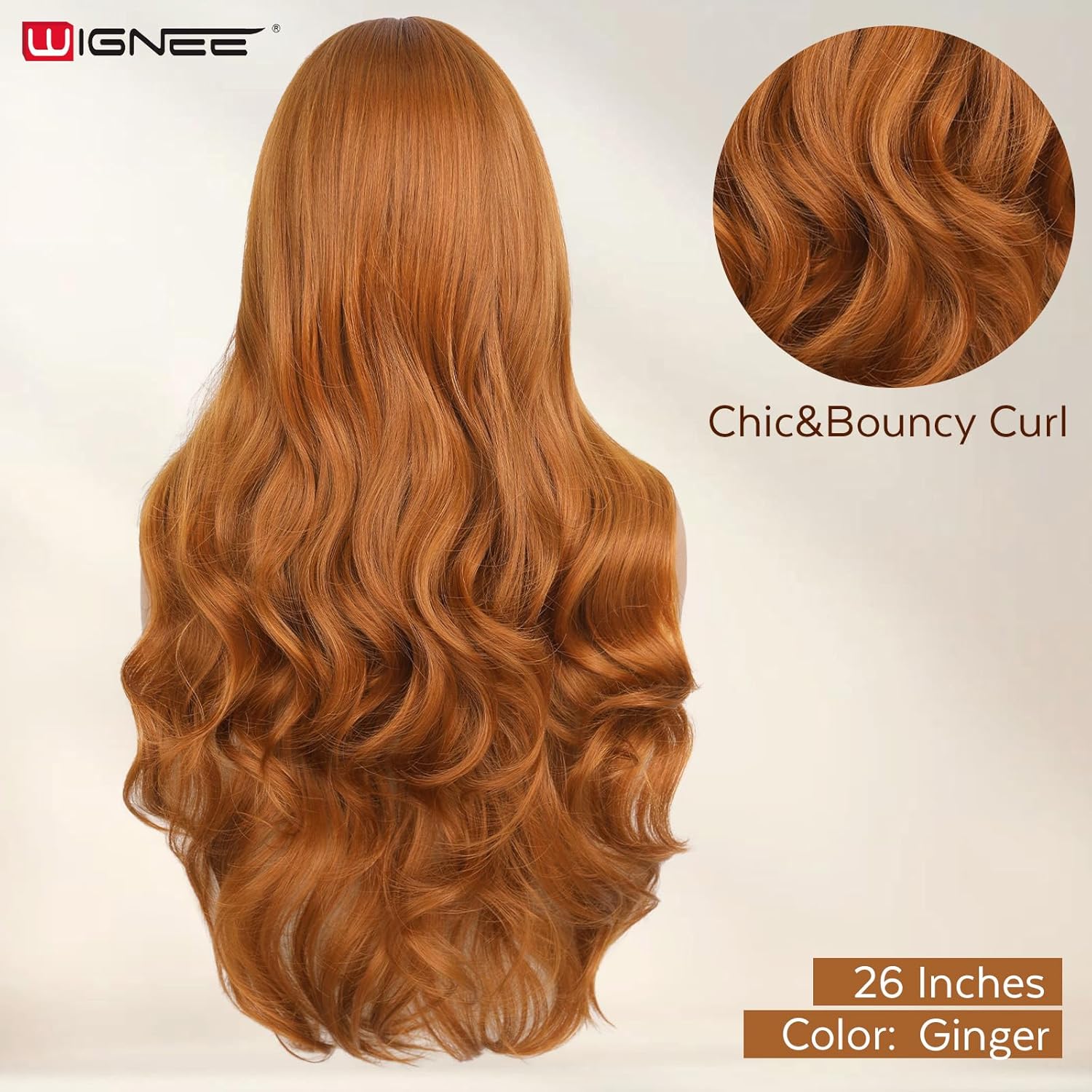 WIGNEE Long Wavy Wig 26 Inch Curtain Bang Wig with Realistic Hairline Synthetic Long Ginger Wig With Bangs Natural Wavy Wigs For Black Women Daily Party Use
