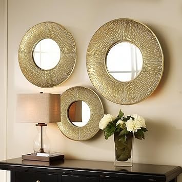 LuxenHome 3Piece Gold Metal Round Wall Mirror Set, Boho Mounted Mirror | Mirror Suitable for Farmhouse, Living Room, Entryway, Bedroom and Bathroom