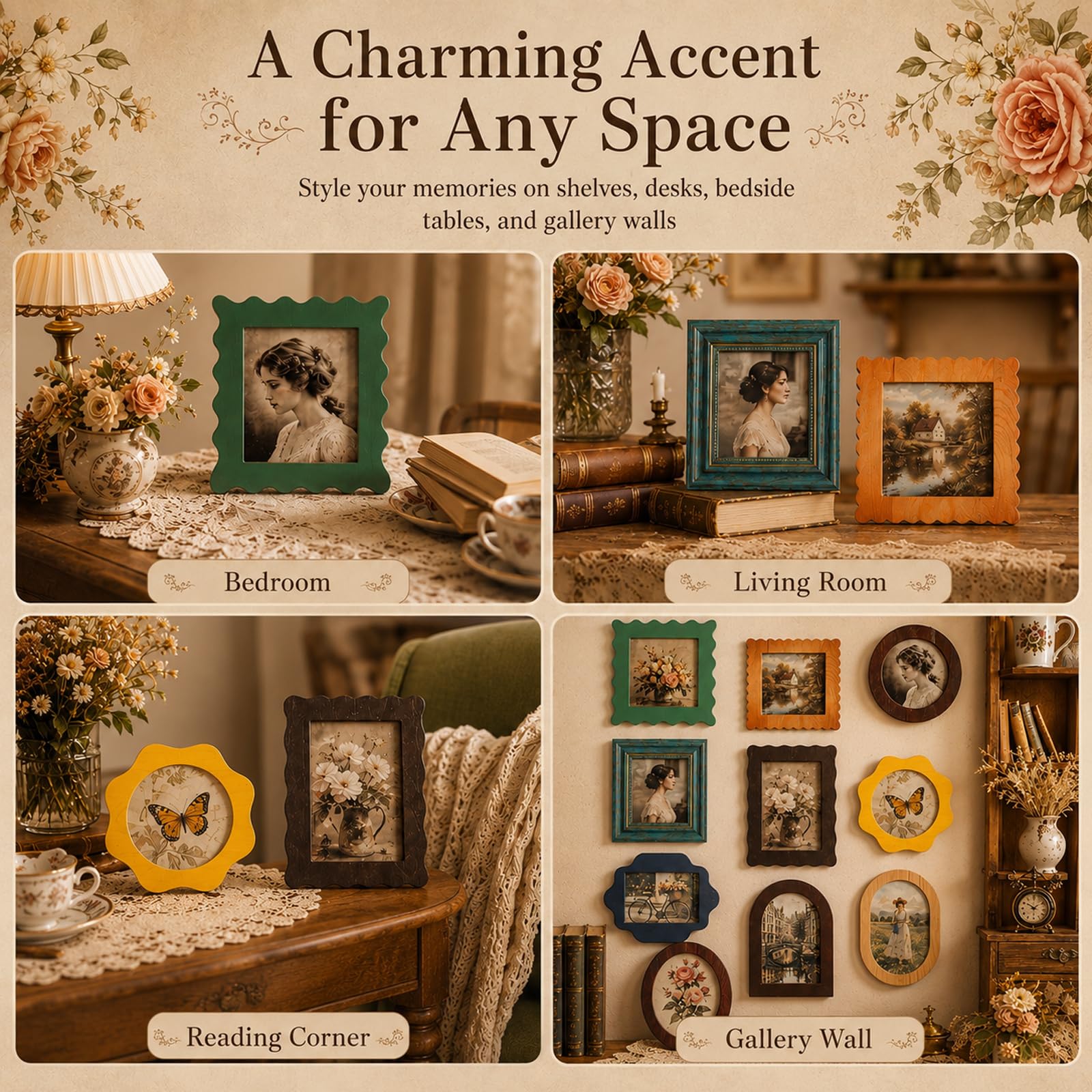 Zestaw 10 drewnianych ramek na zdjęcia w stylu vintage, retro ramki na zdjęcia, kolaż w stylu wiejskim, ornamenty i specjalne kształty (okrągłe, owalne, łuk itd.), na ścianę i stół, prezent dla
