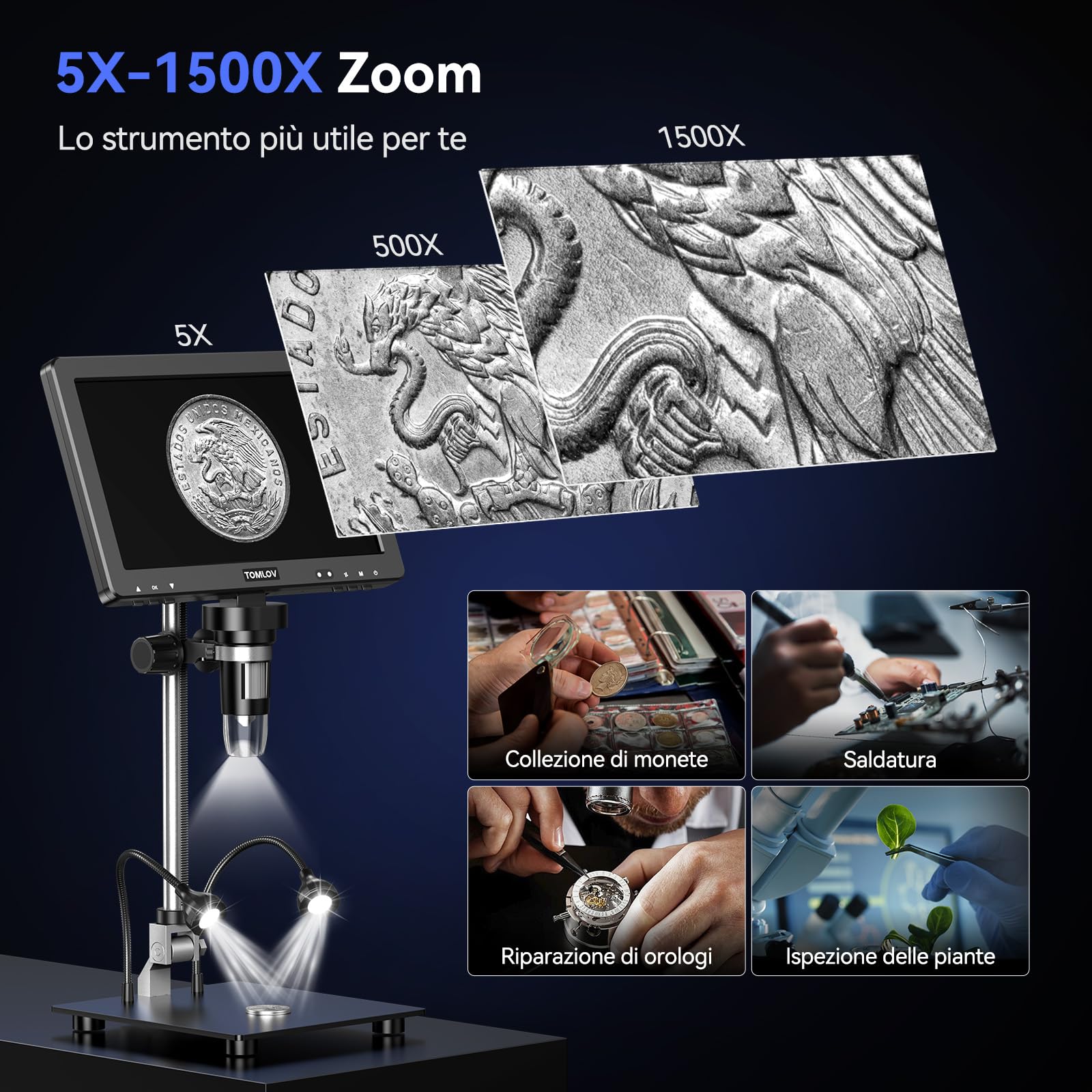 TOMLOV DM9 Max Microscopio Digitale da 10,1 Pollici, 20MP Lente d'ingrandimento per Monete/Saldatura con Schermo IPS HD, Regalo per Adulti, con 10 Luci LED Regolabili, Compatibile PC/TV