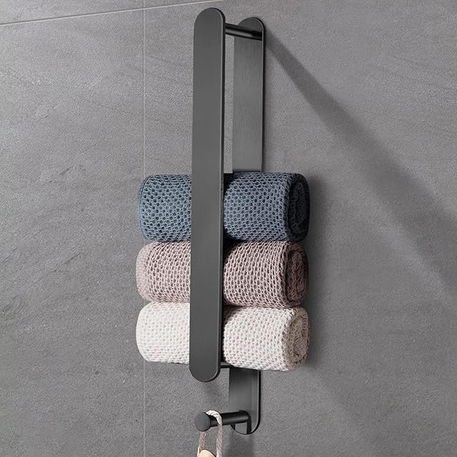 LIVEHITOP Towel Holder, Strong Self Adhesive Black Towel Rails Wall Mounted Stainless Steel 42.5cm with Hook for Bathroom Kitchen