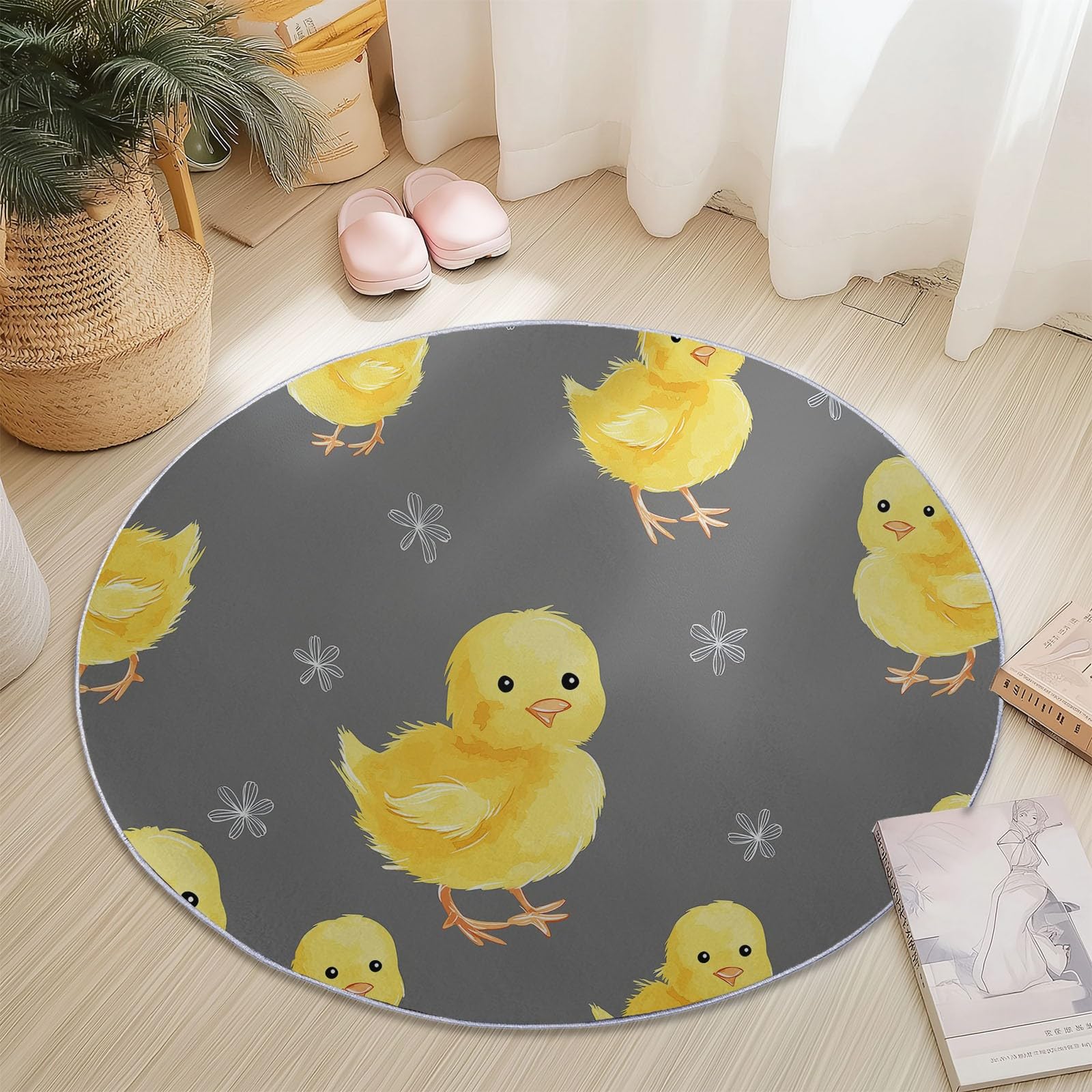 Round Rug Watercolor Chicks Area Rugs Large, Living Room Washable Non Slip Diameter 210 cm Yellow Gray Carpet, Bedroom Accent Mat Home Décor Carpets Pads Floor Protectors — image 1