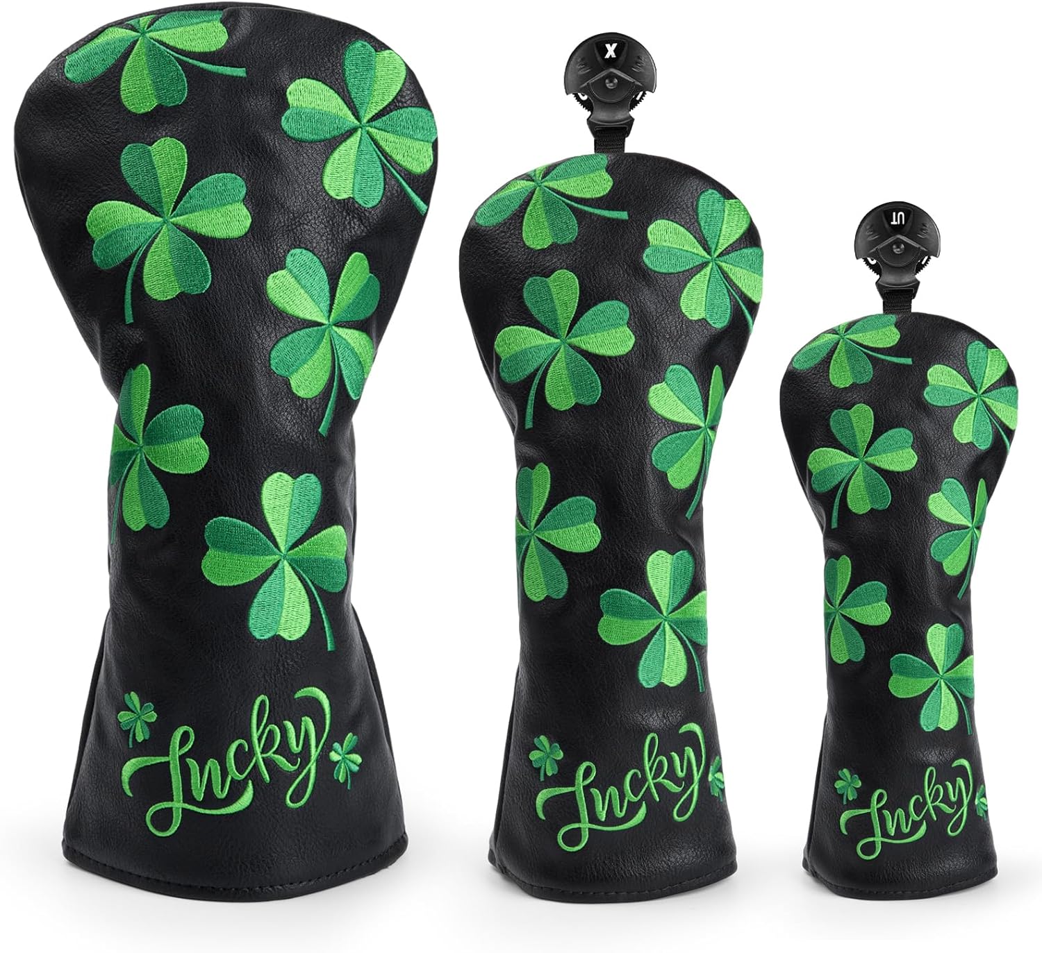 Live Lucky Golf Head Covers, Leather Driver Headcover, Fairway Wood Cover, Hybrid Head Covers – Advanced Embroidery Black Shamrock Golf Club Head Covers for Men Women