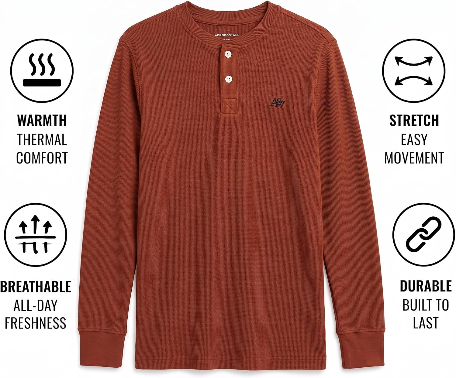 AEROPOSTALE Boys Long Sleeve Thermal Henley, Fleece Waffle Knit (8-16)