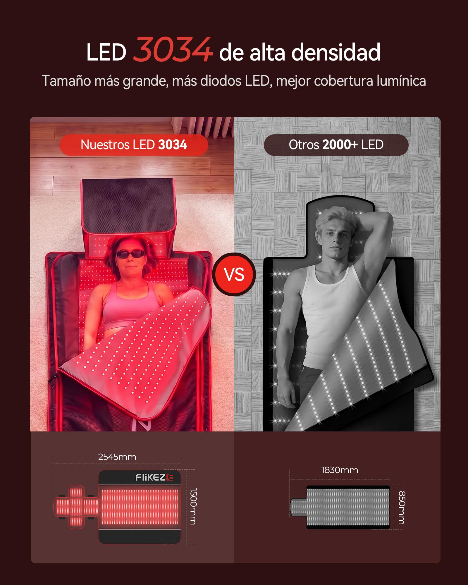 FLIKEZE Alfombra bienestar luz roja cuerpo y rostro 3034 LEDs 660nm/850nm | Alfombra de bienestar con luz roja, pulsaciones y temporizador regulable, apta para personas y mascotas domésticas