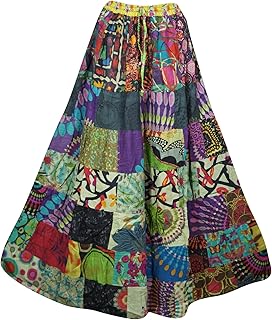 Mogul Interior Womens Cotton Beach Maxi Skirt, Blue Summer Gujarati Patchwork Gypsy Skirts S/M