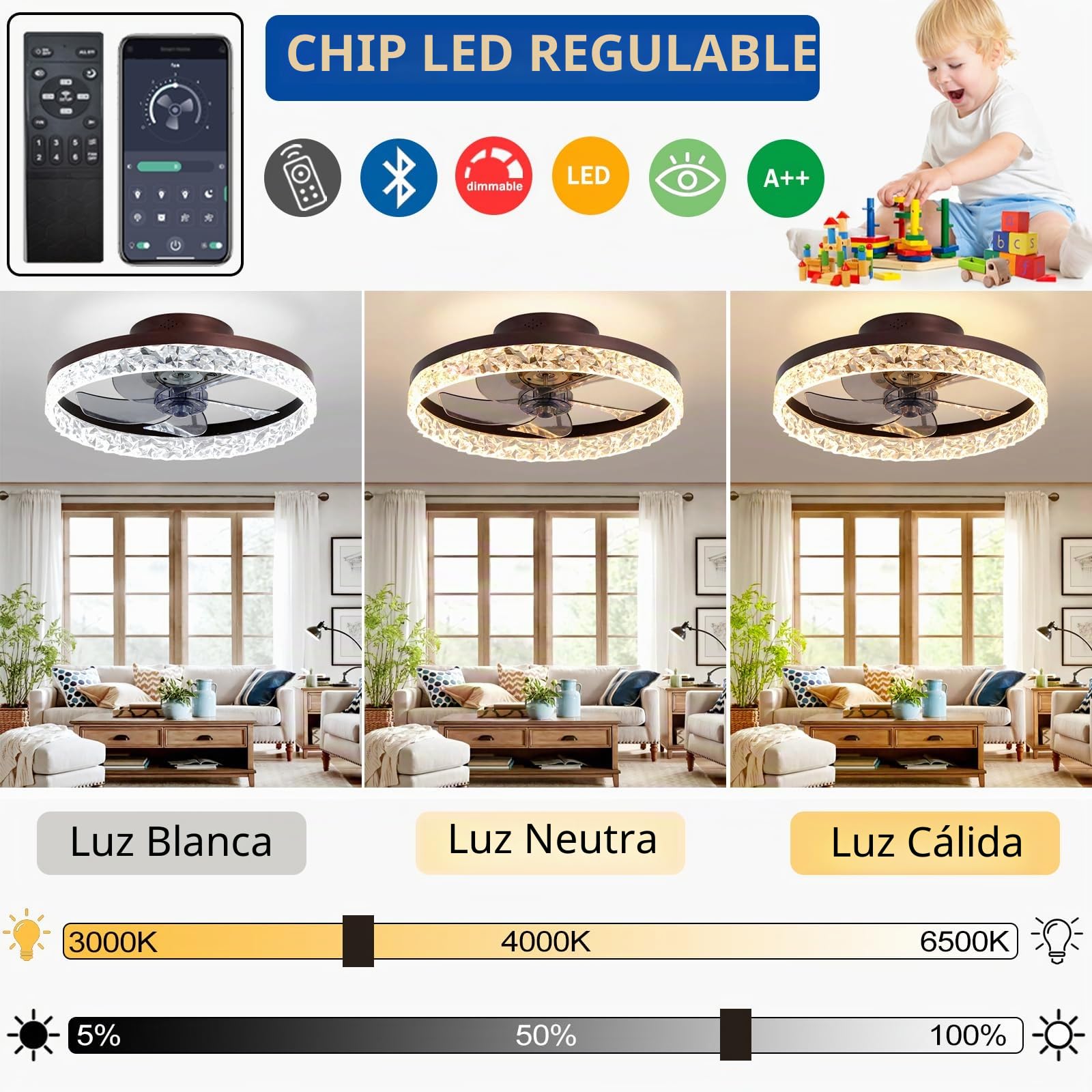 30W Ventiladores de techo con iluminación Control remoto, Luces modernas Luz de techo del ventilador LED Regulable Lámparas para dormitorio Sala de estar, 6 velocidades (Blanco, 50CM)