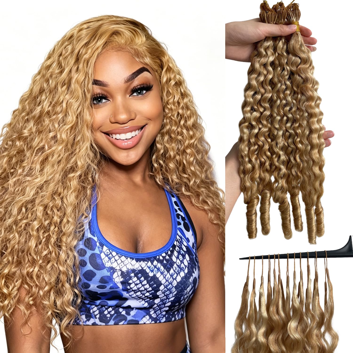 Photo 1 of Burmese Cruly Crochet Human Hair Extensions Salon-Level Pre-Separated Lightweight Reusable No Tangle Shedding Thick Invisible Pre-Looped For Boho Braids 27P613 50g 16inch