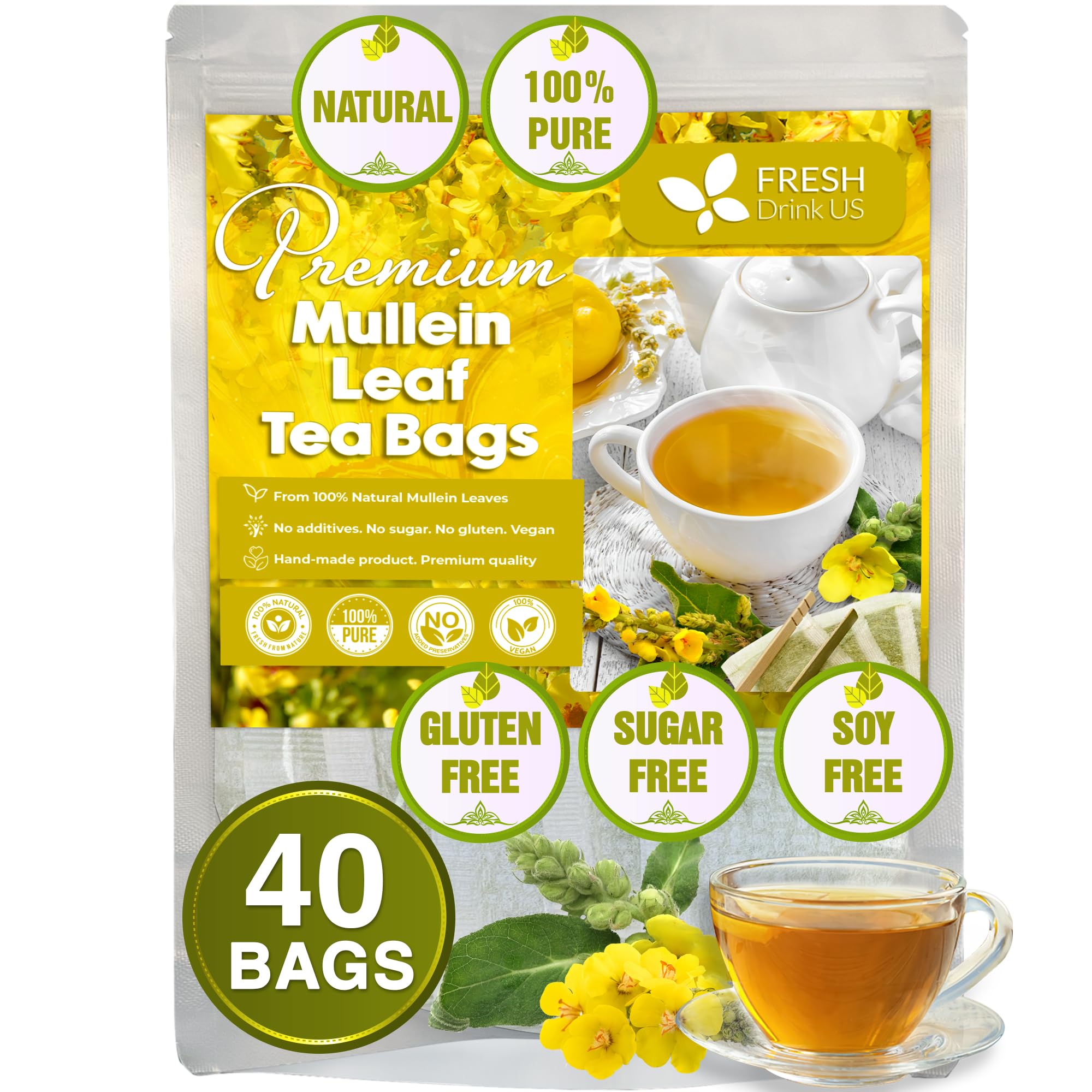 FreshDrinkUS, Premium 10 Mullein Leaf Tea Bags For Lungs, 100% Natural & Pure from Mullein Leaves. Loose Leaf Mullein Herbal Tea. Made with Natural Material Tea Bags. No Sugar, No Caffeine, No Gluten, Vegan.