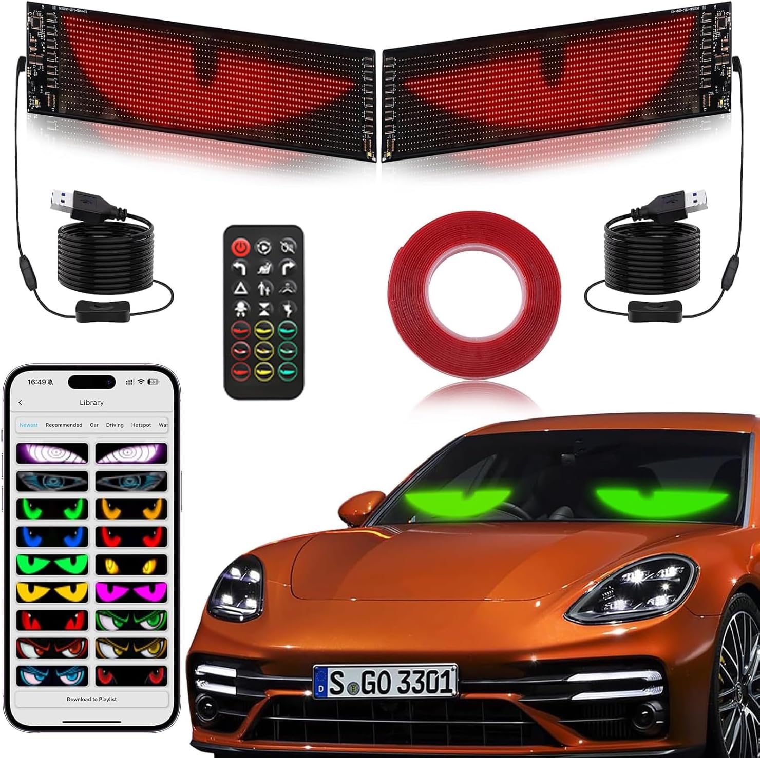 Devil Eyes for Car Windshield 14.7" x 3.6"- Dynamic RGB Car Accent Lights, Wireless App Control & DIY Text- Easy Peel-and-Stick Installation Warning Lights Universal Fit for Cars, Trucks